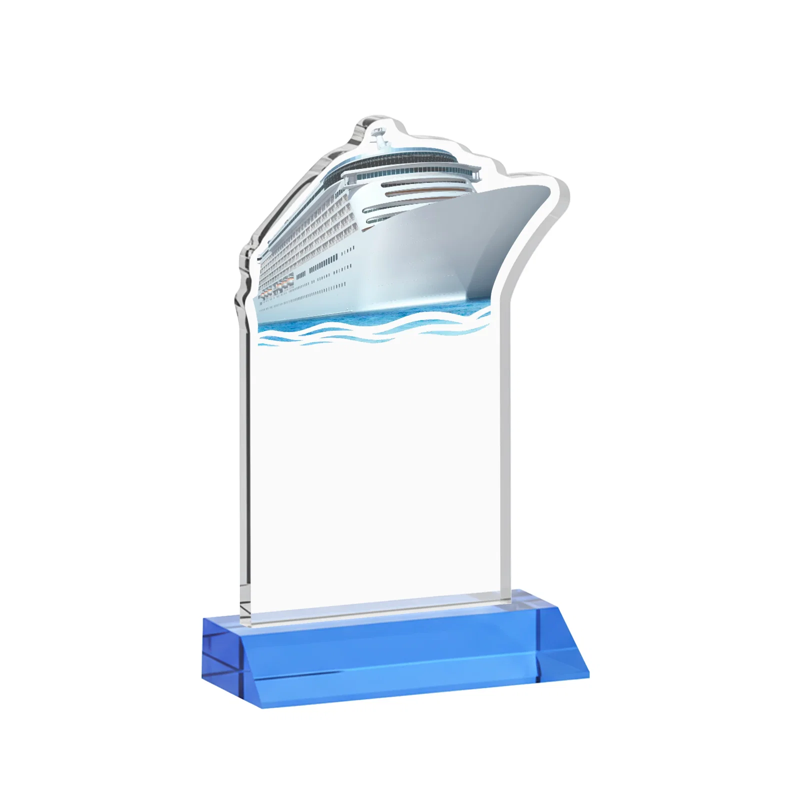 Custom Starfire Crystal Ship Cutout Award on Mitered Base, with your logo for dealer and partner awards