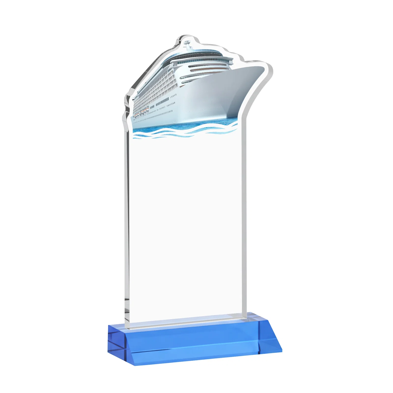Custom Starfire Crystal Ship Cutout Award on Mitered Base, with your logo for company anniversary events