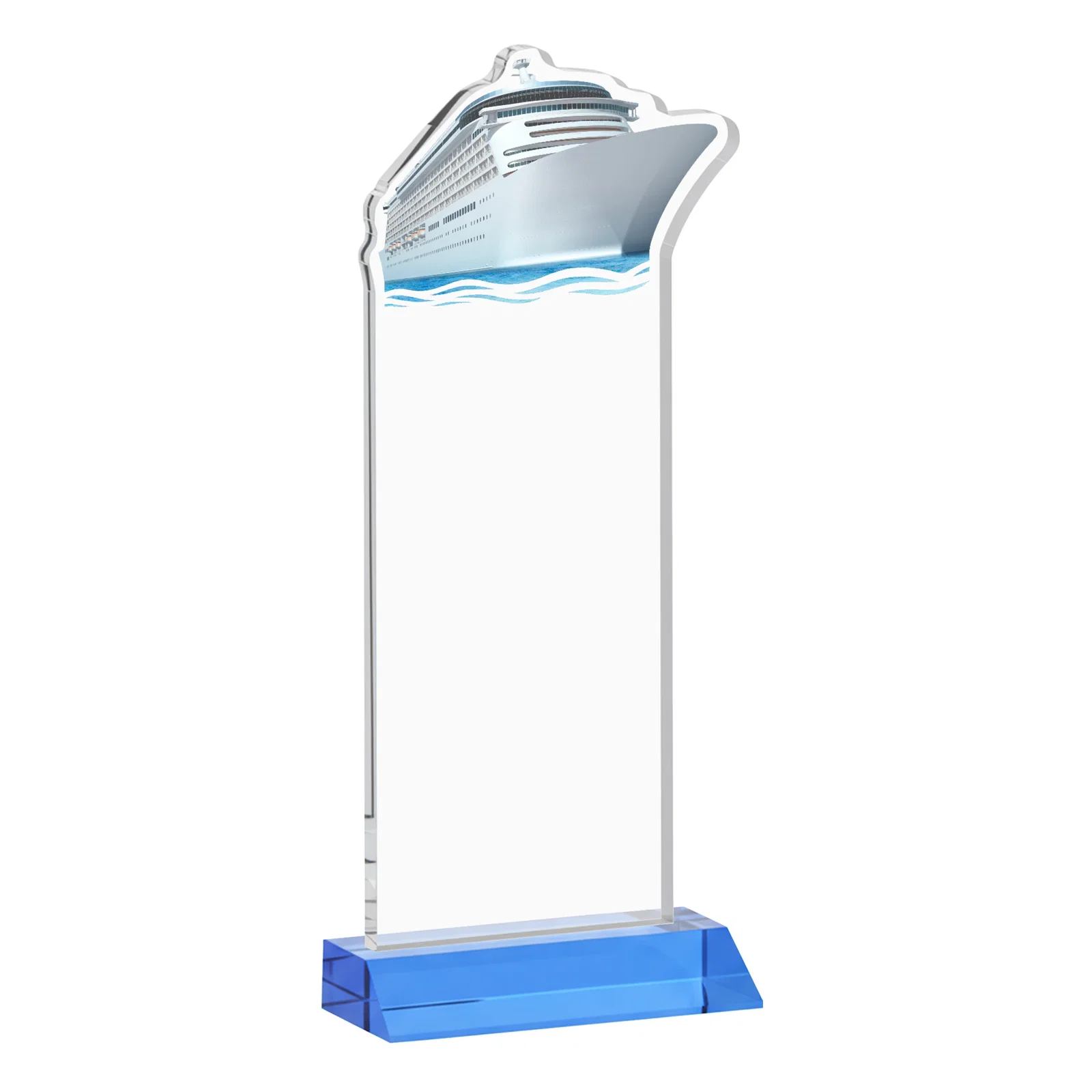 Personalized Starfire Crystal Ship Cutout Award on Mitered Base, with your logo for employee recognition