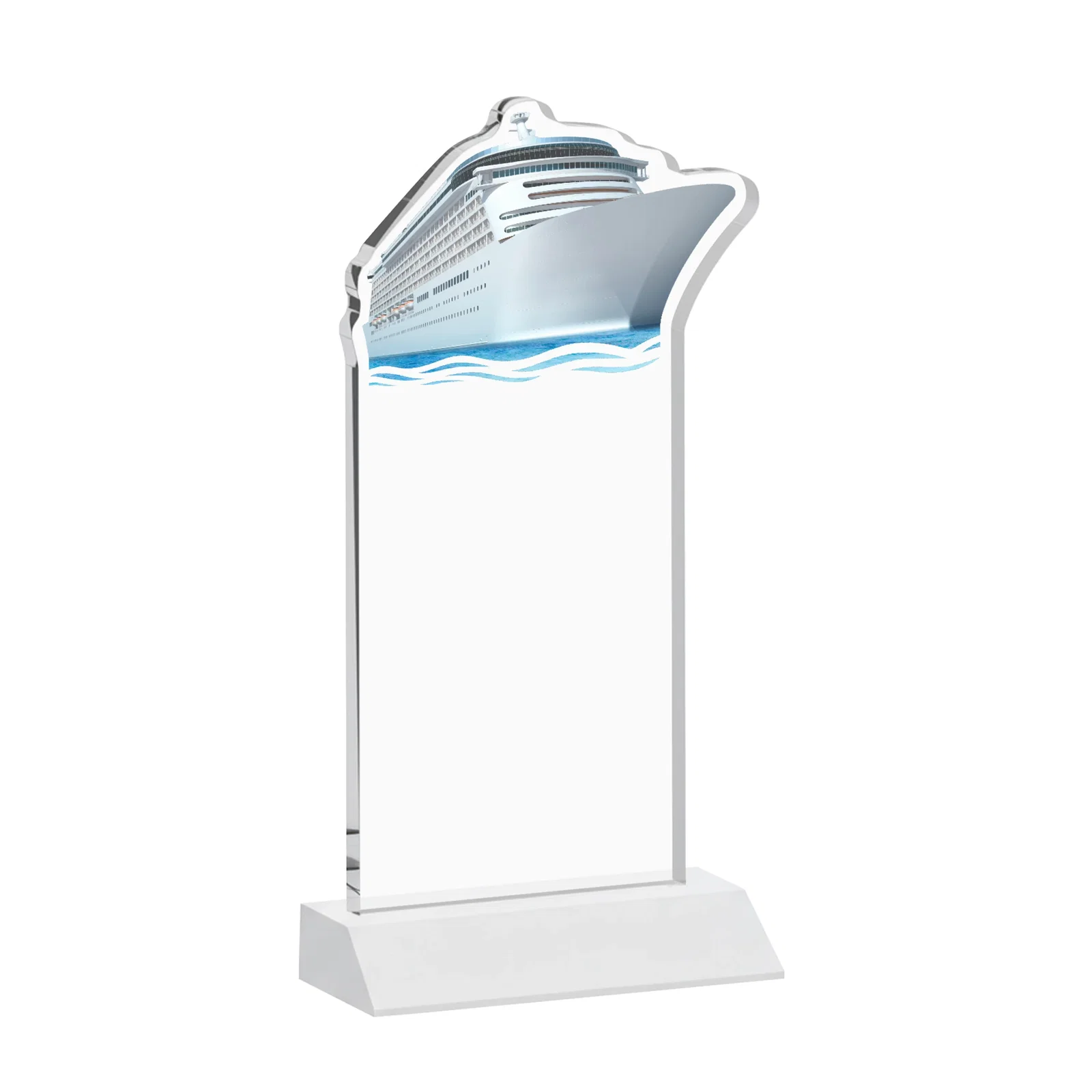 Personalized Starfire Crystal Ship Cutout Award on Mitered Base, with your logo for service anniversary gifts