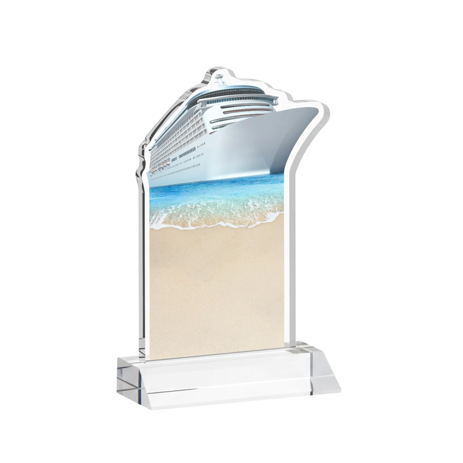 Personalized Starfire Crystal Ship Cutout Award on Mitered Base, with your logo for retirement presentations