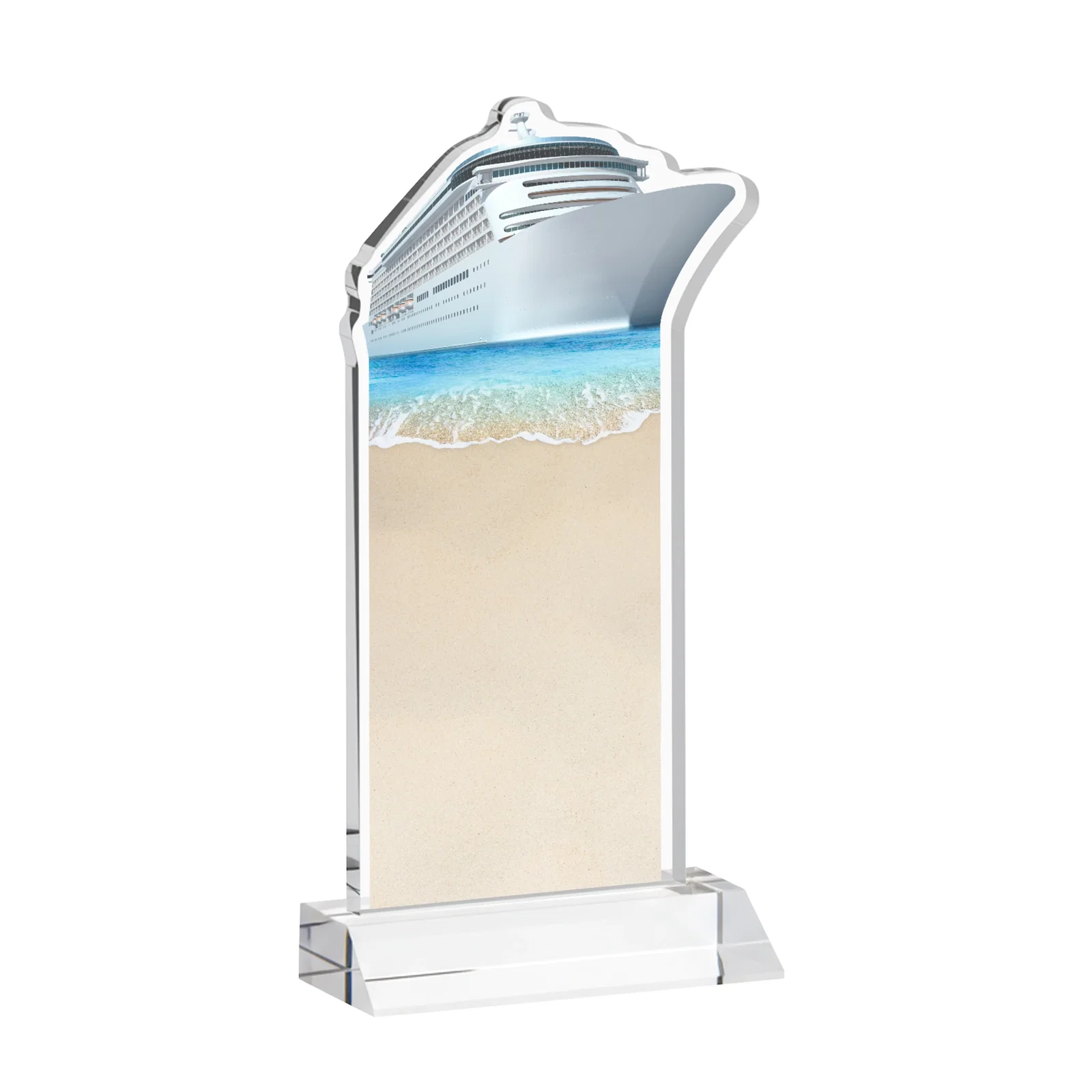 Personalized Starfire Crystal Ship Cutout Award on Mitered Base, with your logo for team milestone celebrations