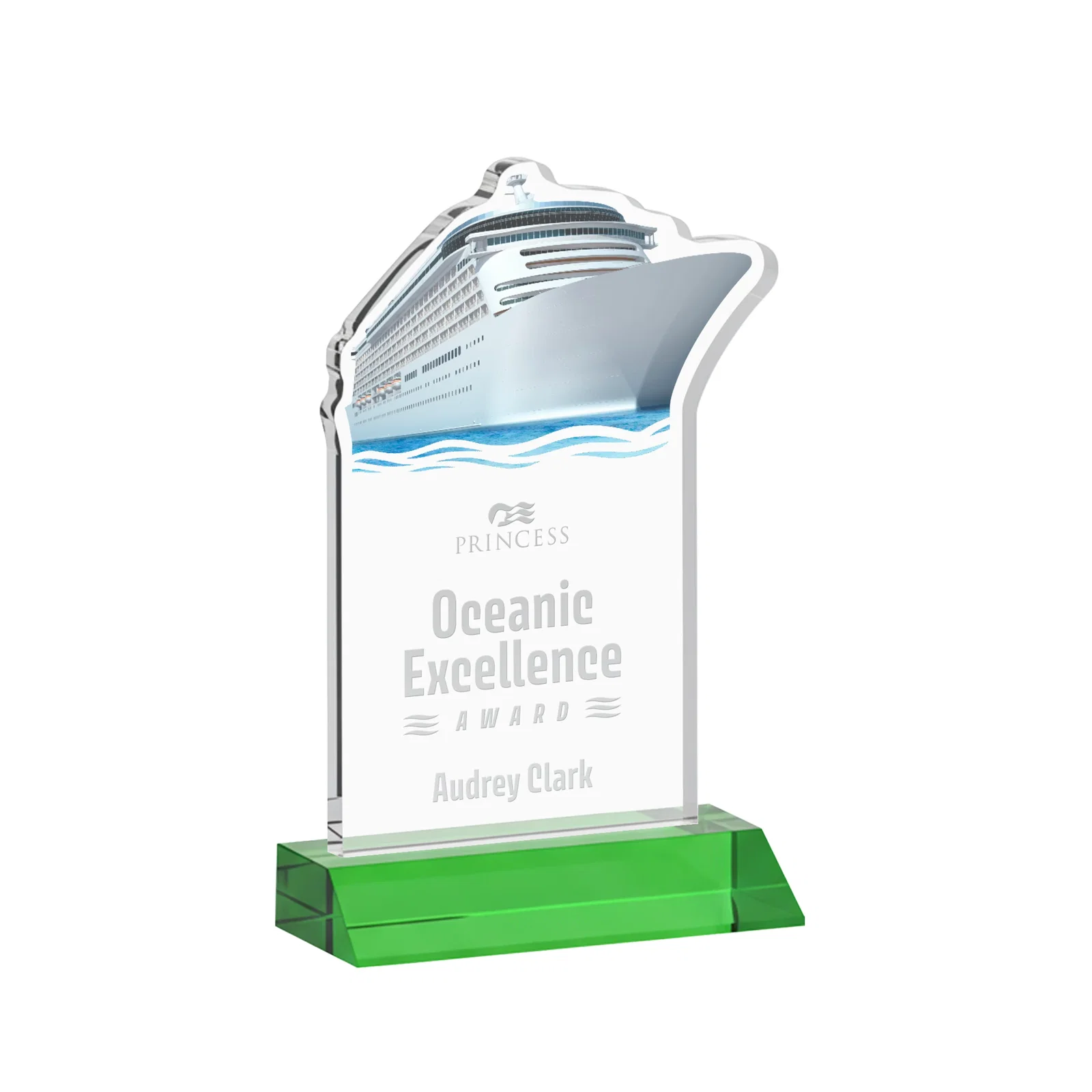 Custom Starfire Crystal Ship Cutout Award on Mitered Base for dealer and partner awards