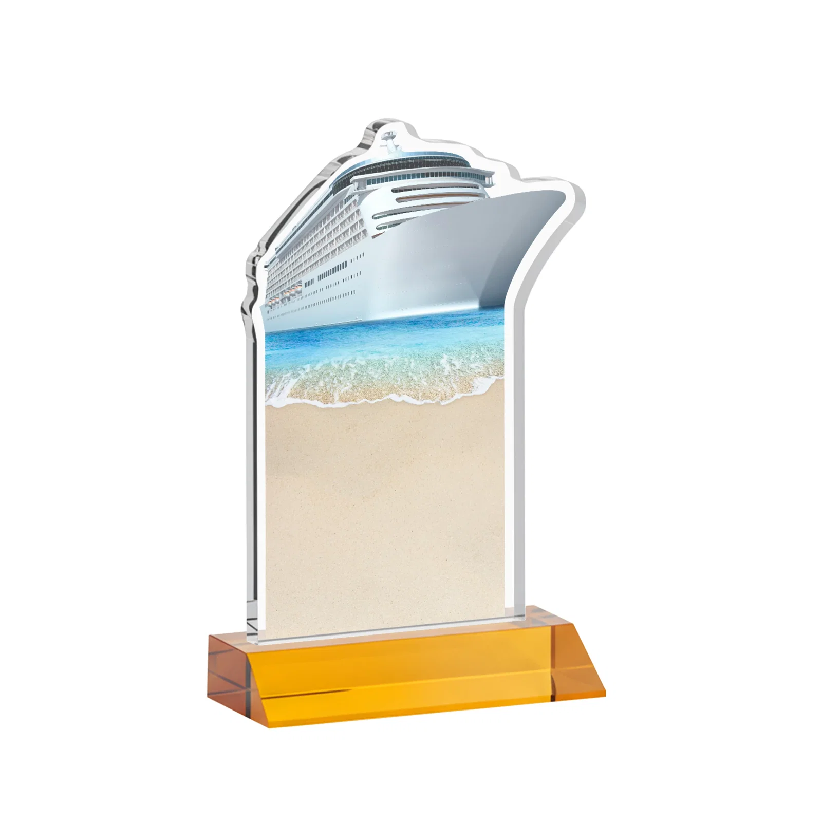 Personalized Starfire Crystal Ship Cutout Award on Mitered Base, with your logo for graduation ceremonies