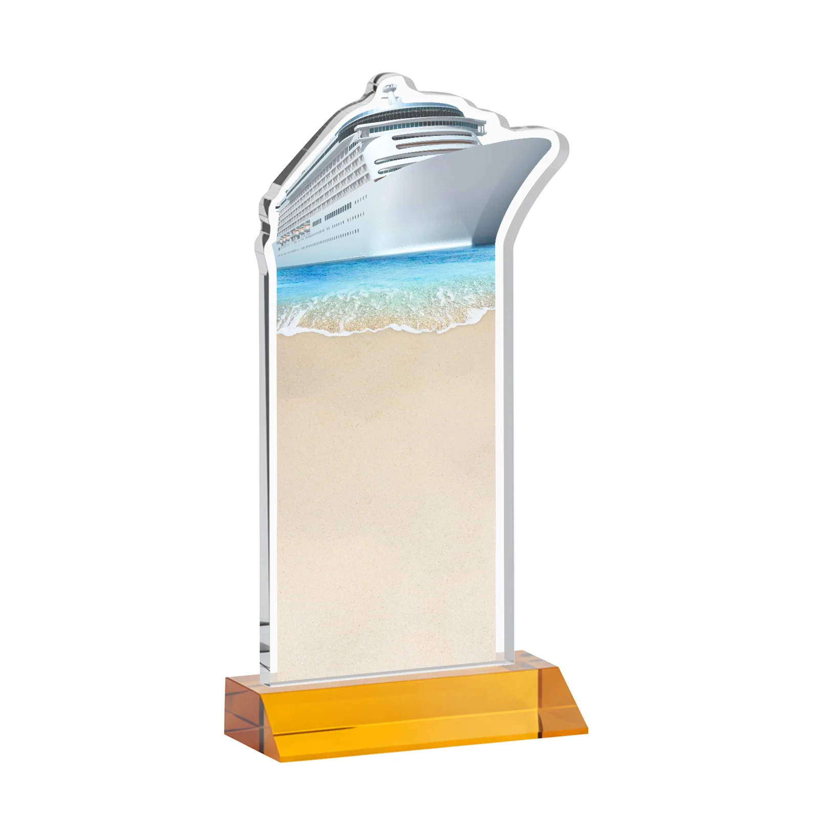 Personalized Starfire Crystal Ship Cutout Award on Mitered Base, with your logo for safety achievement programs