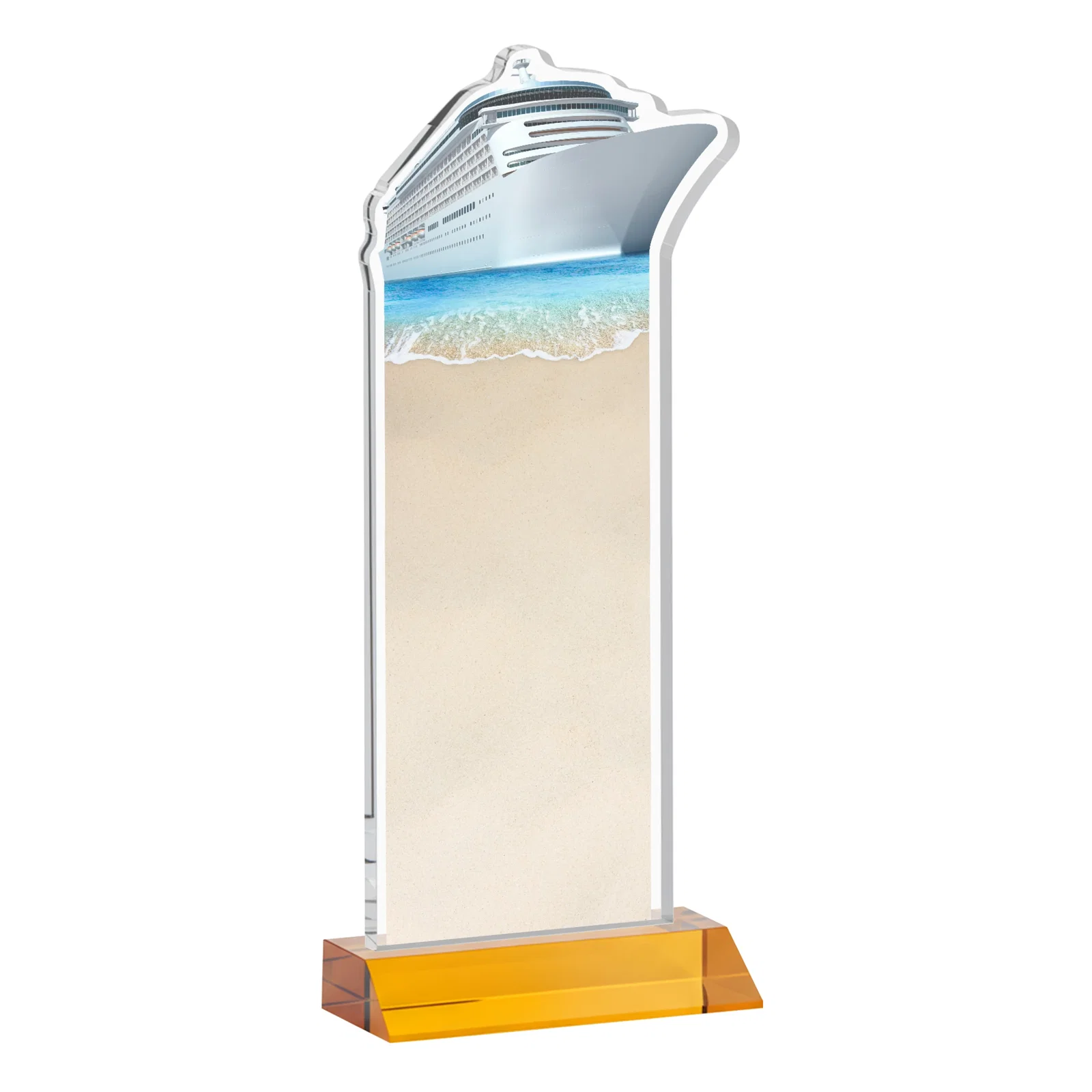 Personalized Starfire Crystal Ship Cutout Award on Mitered Base, with your logo for volunteer appreciation