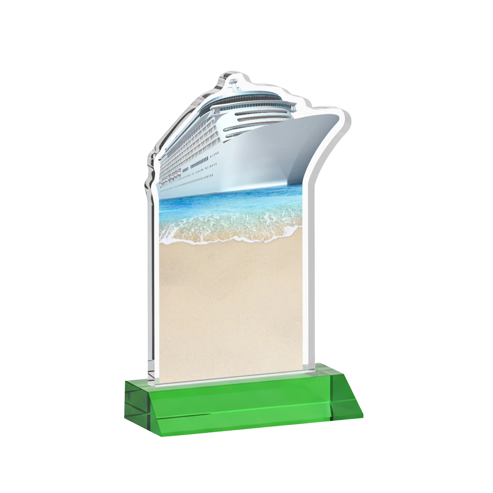 Personalized Starfire Crystal Ship Cutout Award on Mitered Base, with your logo for dealer and partner awards
