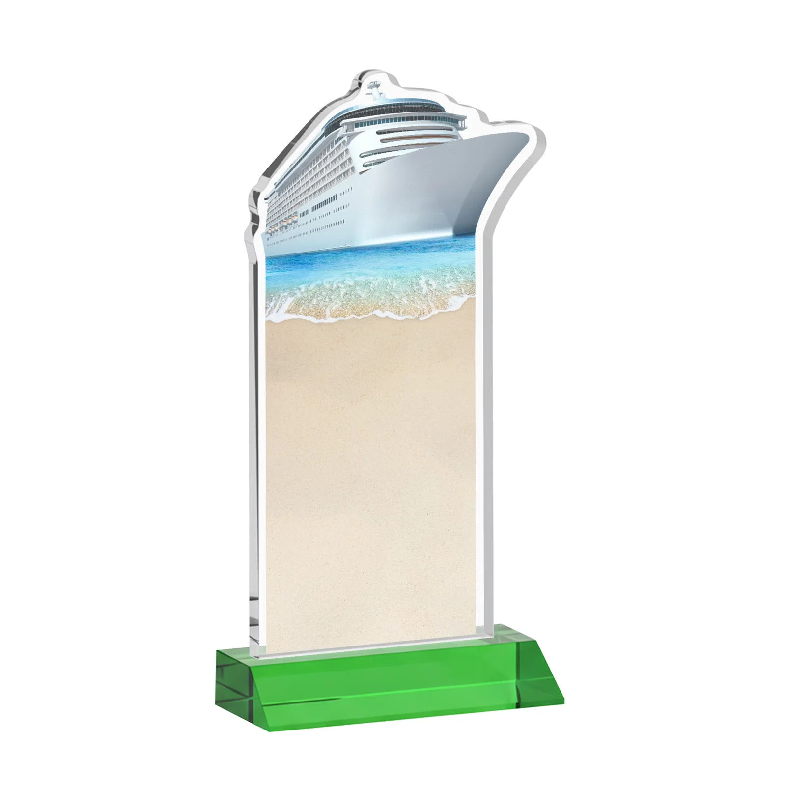 Personalized Starfire Crystal Ship Cutout Award on Mitered Base, with your logo for company anniversary events