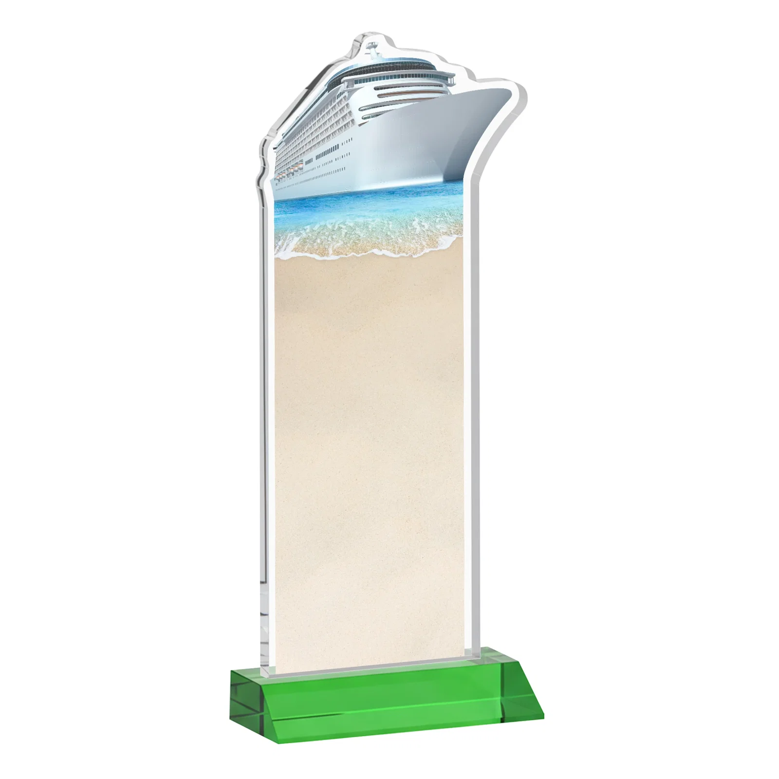 Promotional Starfire Crystal Ship Cutout Award on Mitered Base, with your logo for employee recognition