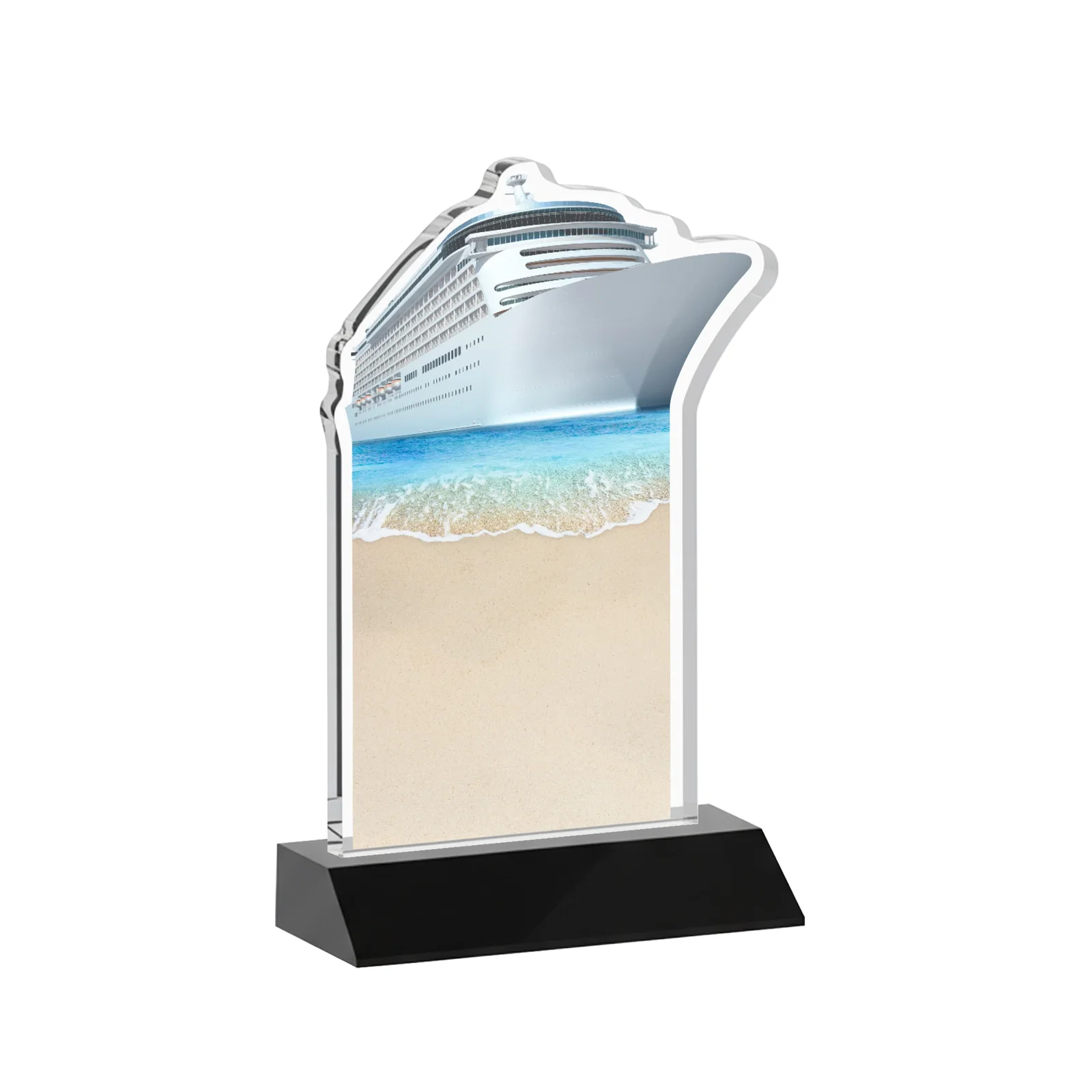 Promotional Starfire Crystal Ship Cutout Award on Mitered Base, with your logo for corporate award ceremonies