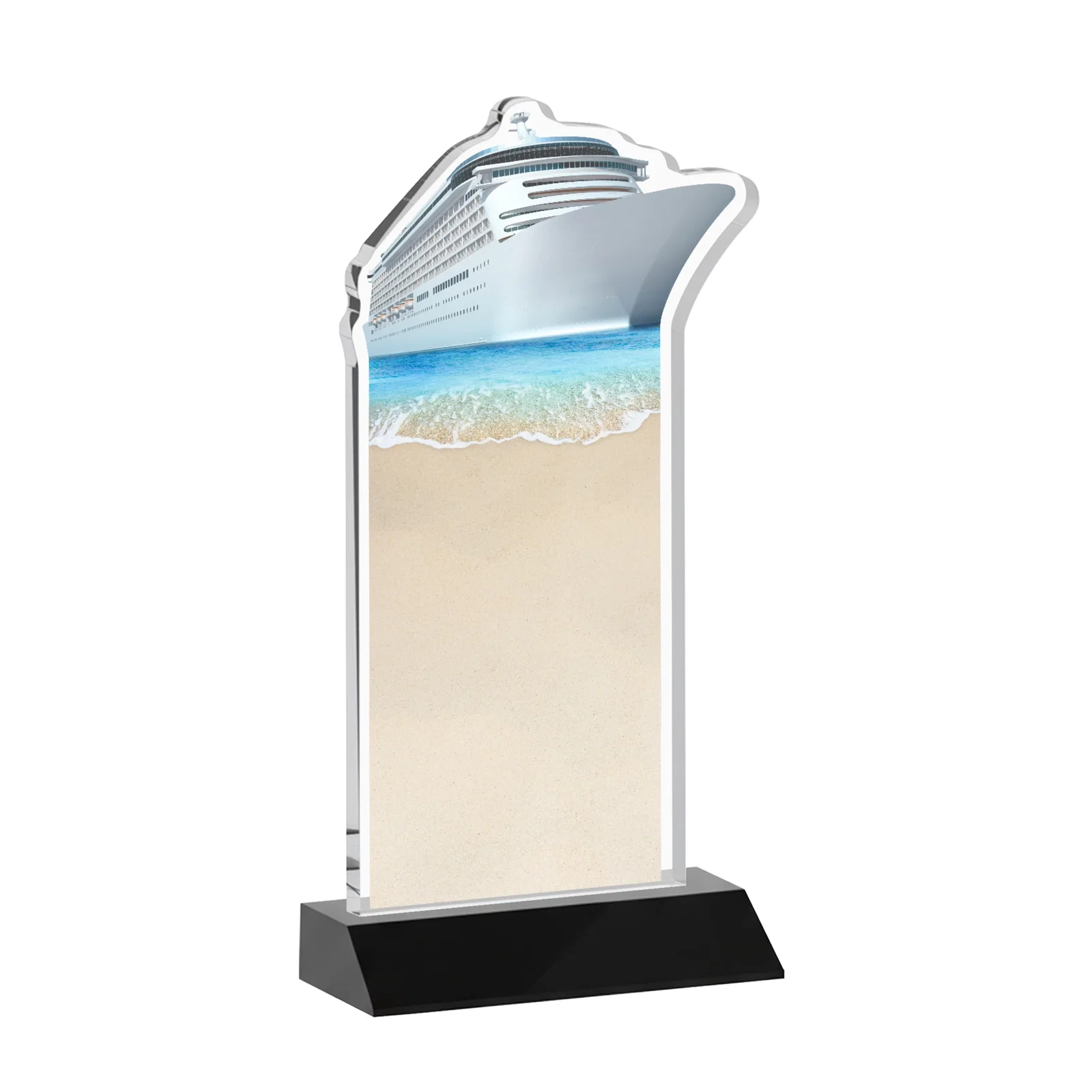 Promotional Starfire Crystal Ship Cutout Award on Mitered Base, with your logo for service anniversary gifts