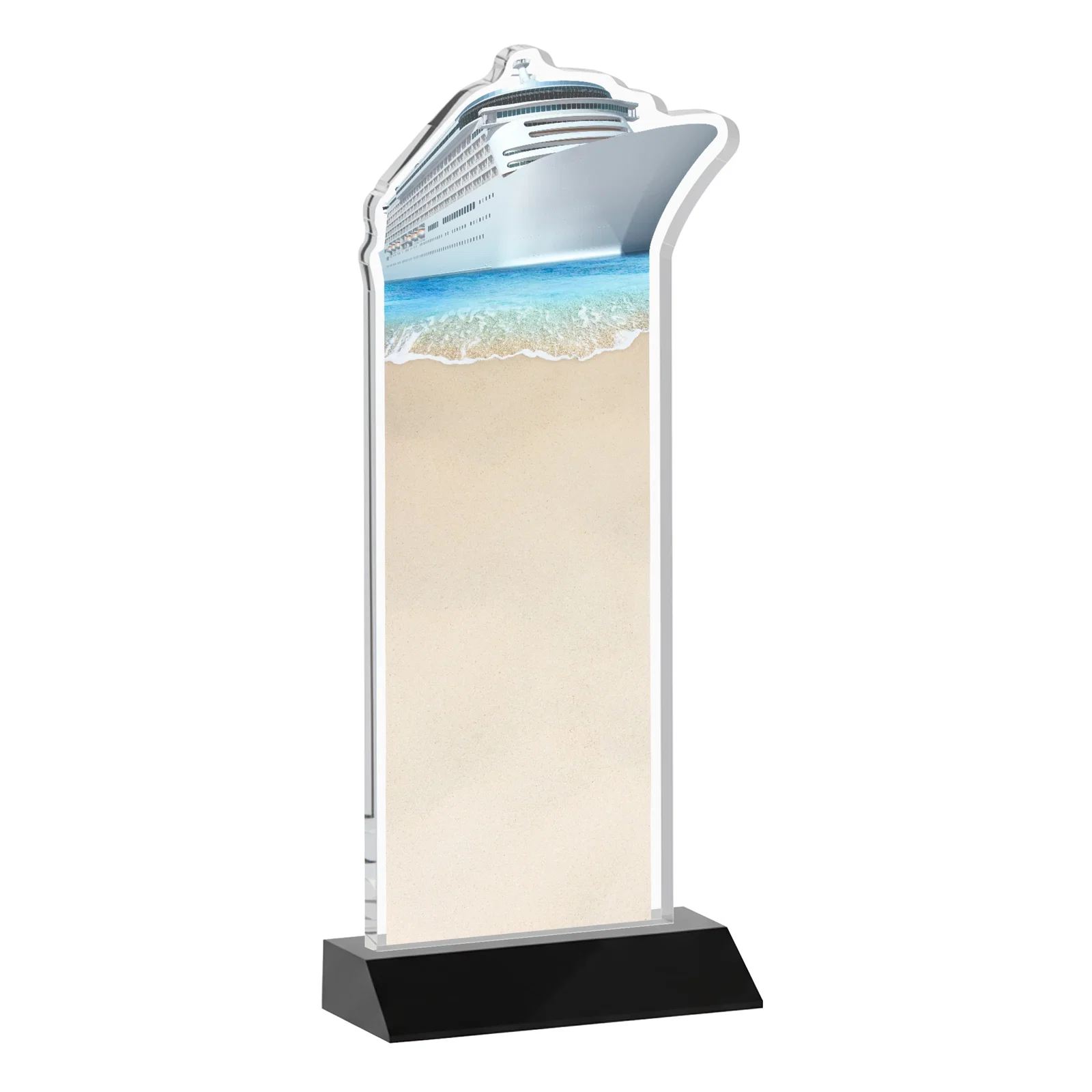 Promotional Starfire Crystal Ship Cutout Award on Mitered Base, with your logo for sales achievement awards