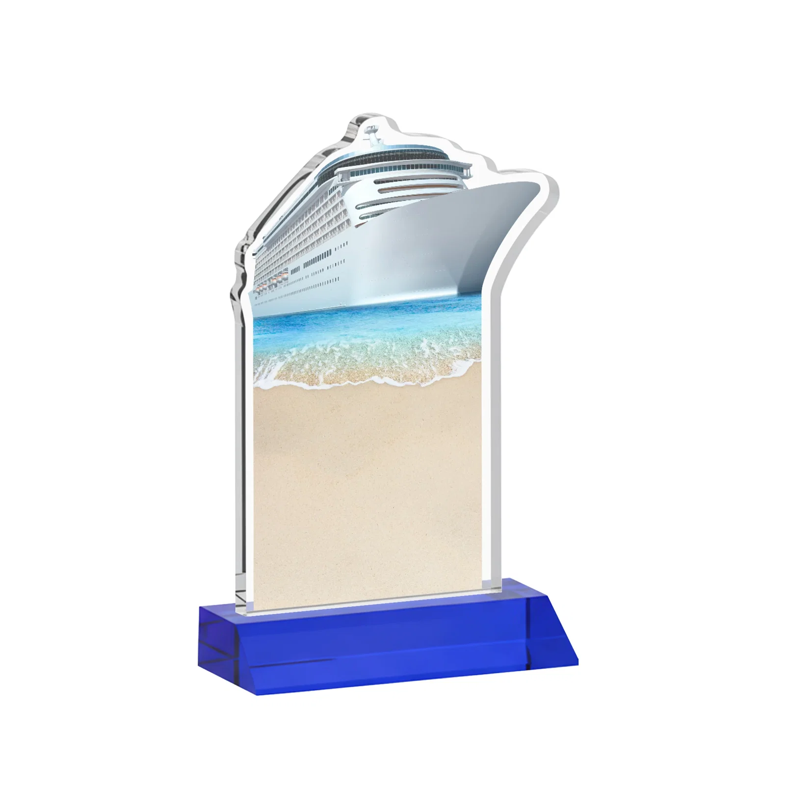 Promotional Starfire Crystal Ship Cutout Award on Mitered Base, with your logo for retirement presentations