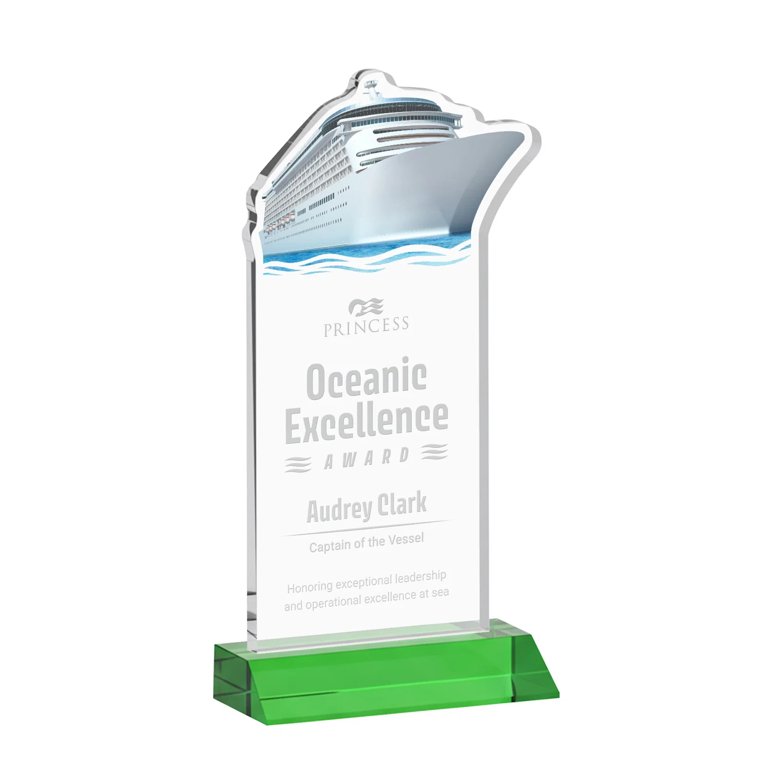 Custom Starfire Crystal Ship Cutout Award on Mitered Base for company anniversary events