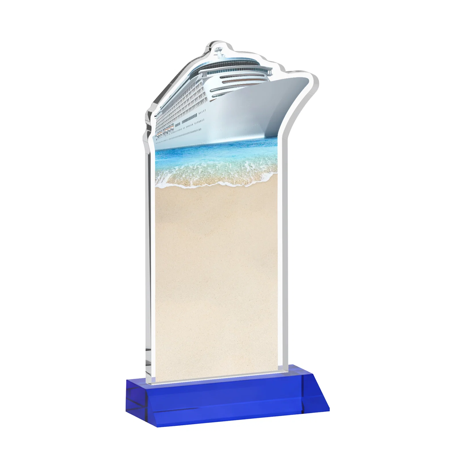 Promotional Starfire Crystal Ship Cutout Award on Mitered Base, with your logo for team milestone celebrations