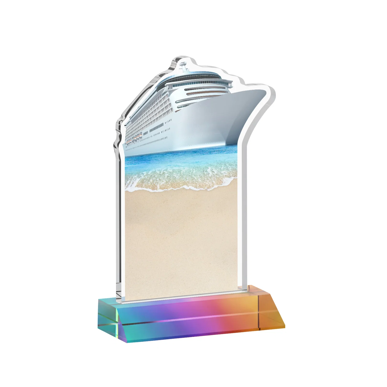 Promotional Starfire Crystal Ship Cutout Award on Mitered Base, with your logo for graduation ceremonies