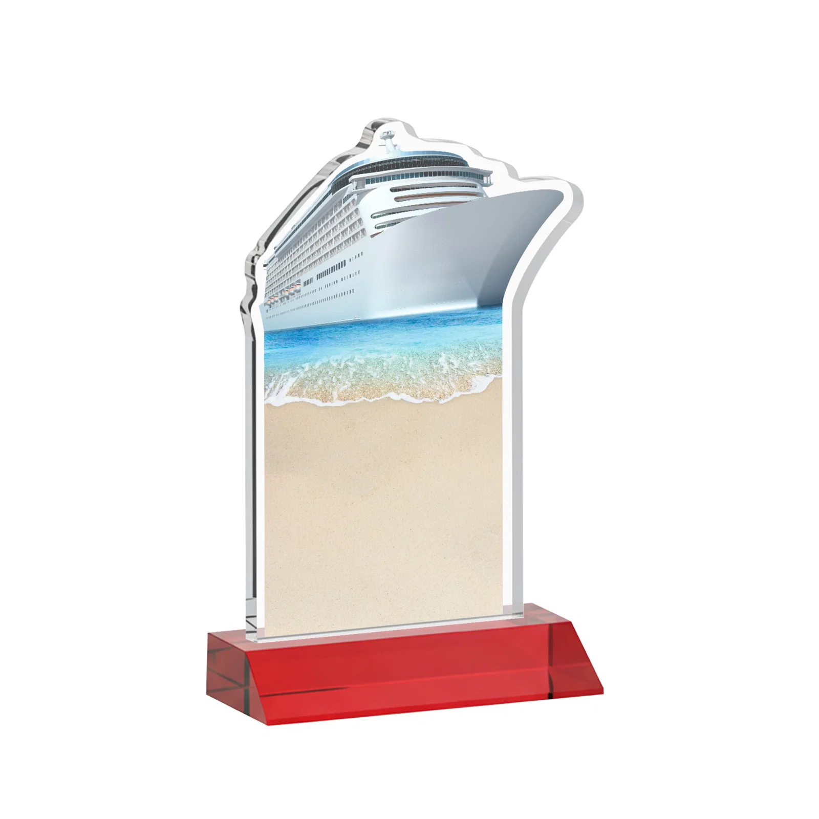Promotional Starfire Crystal Ship Cutout Award on Mitered Base, with your logo for dealer and partner awards