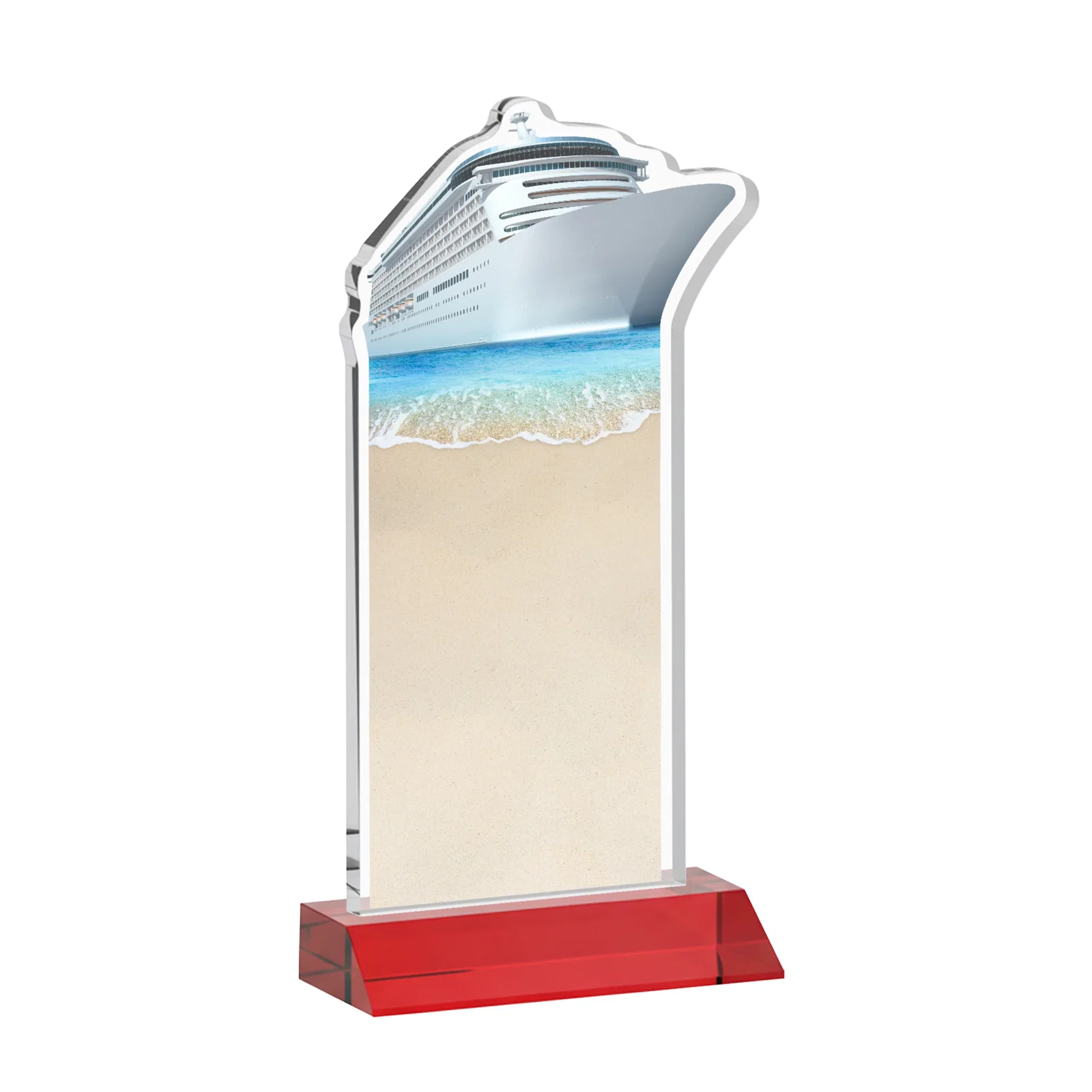 Promotional Starfire Crystal Ship Cutout Award on Mitered Base, with your logo for company anniversary events