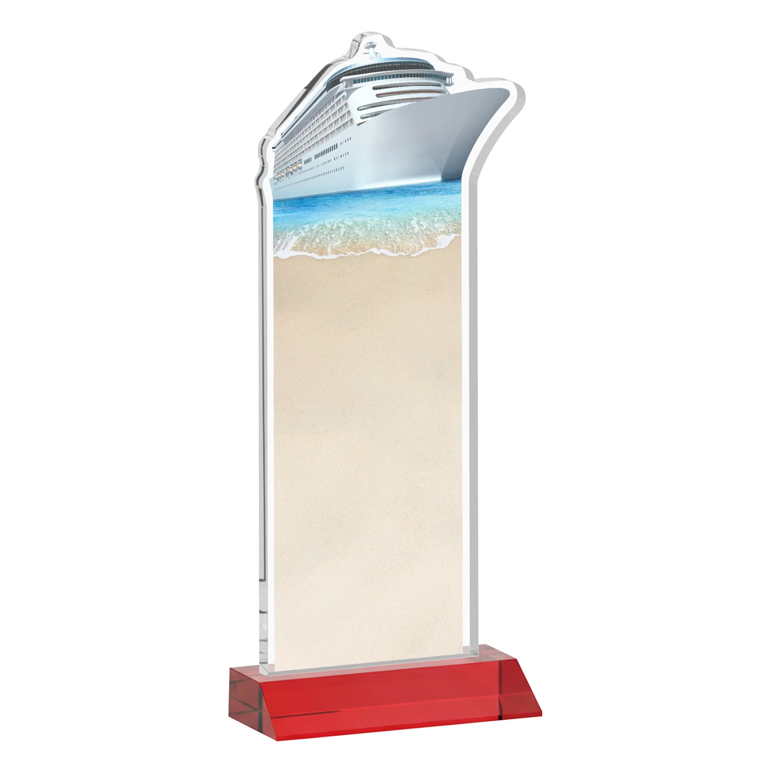Branded Starfire Crystal Ship Cutout Award on Mitered Base, with your logo for employee recognition