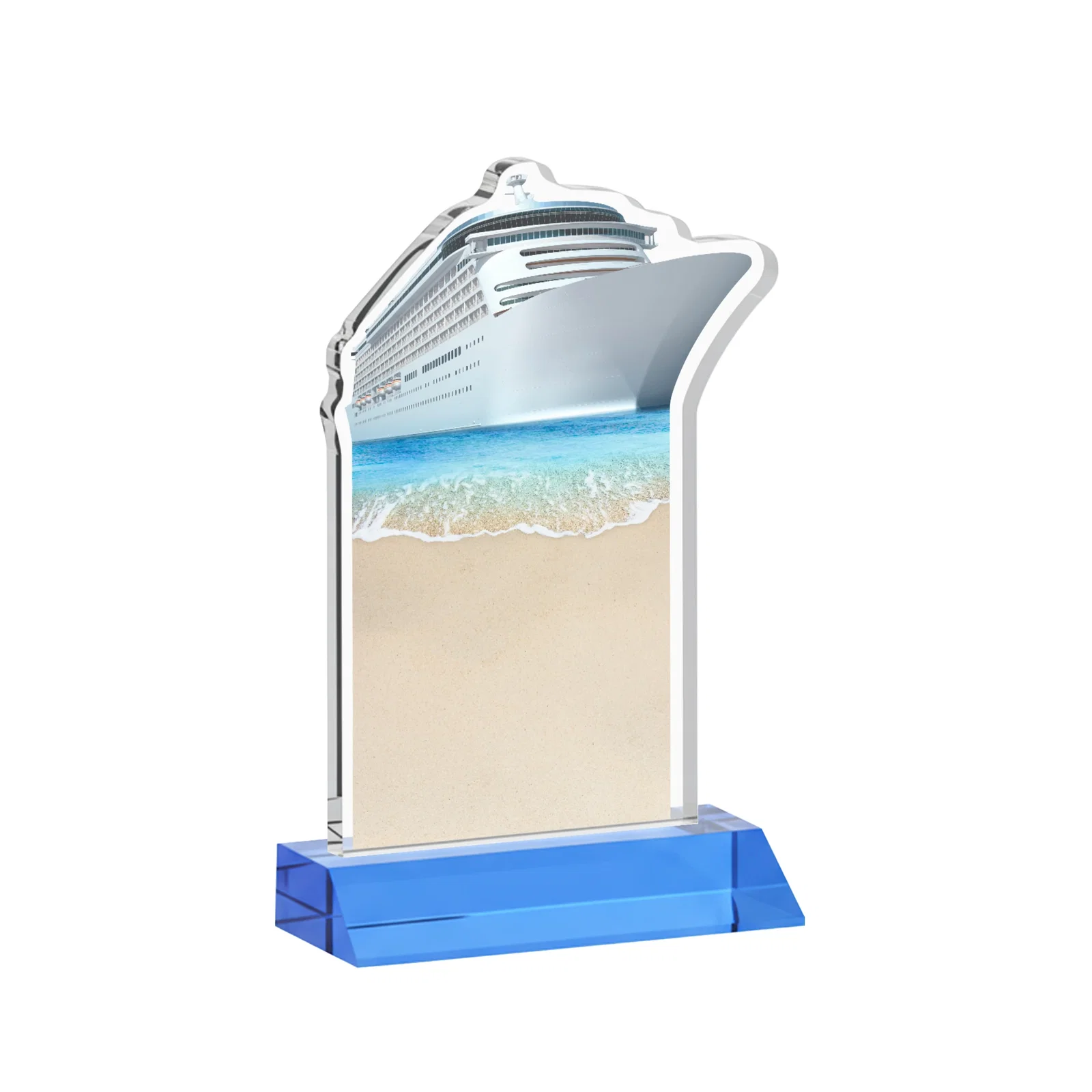 Branded Starfire Crystal Ship Cutout Award on Mitered Base, with your logo for corporate award ceremonies