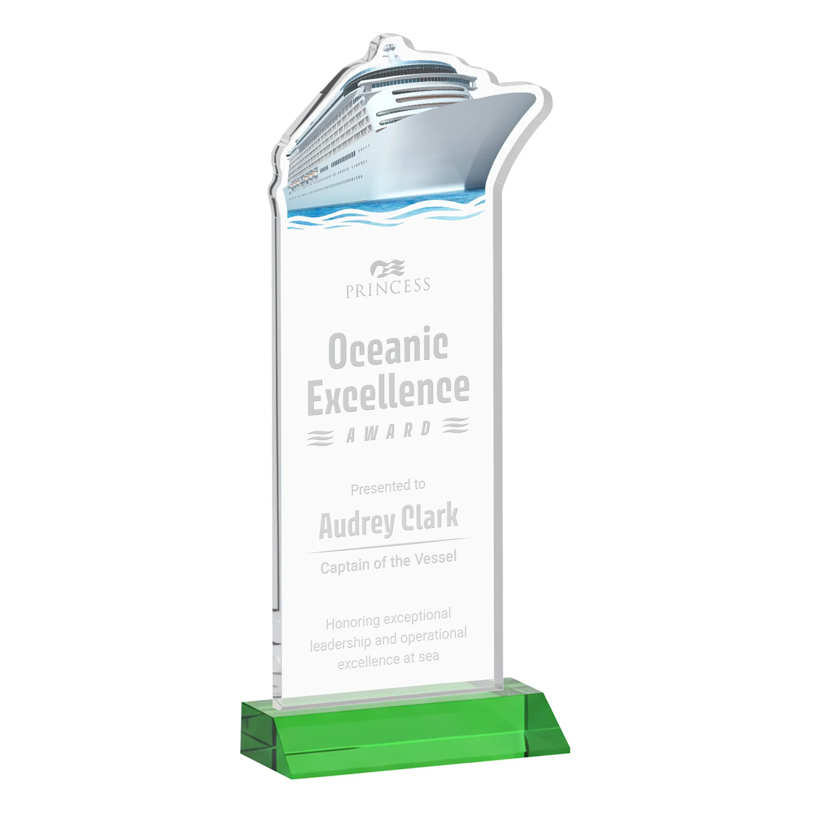 Personalized Starfire Crystal Ship Cutout Award on Mitered Base for employee recognition