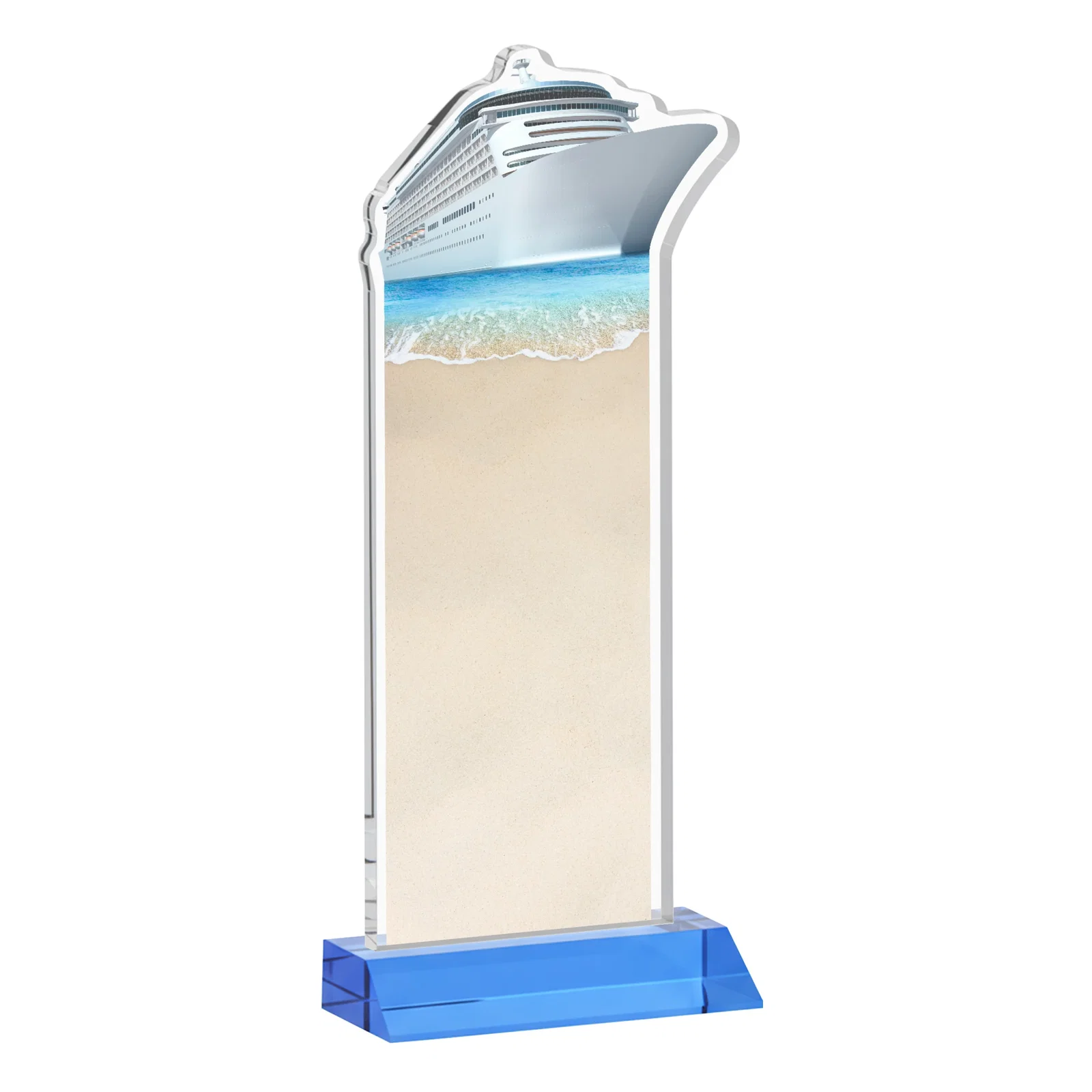 Branded Starfire Crystal Ship Cutout Award on Mitered Base, with your logo for sales achievement awards