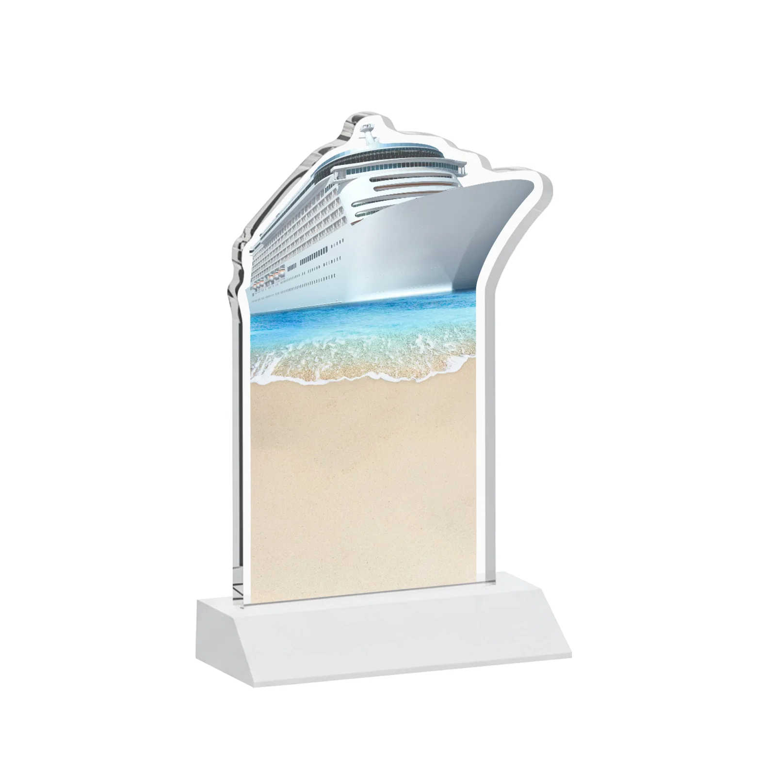 Branded Starfire Crystal Ship Cutout Award on Mitered Base, with your logo for retirement presentations