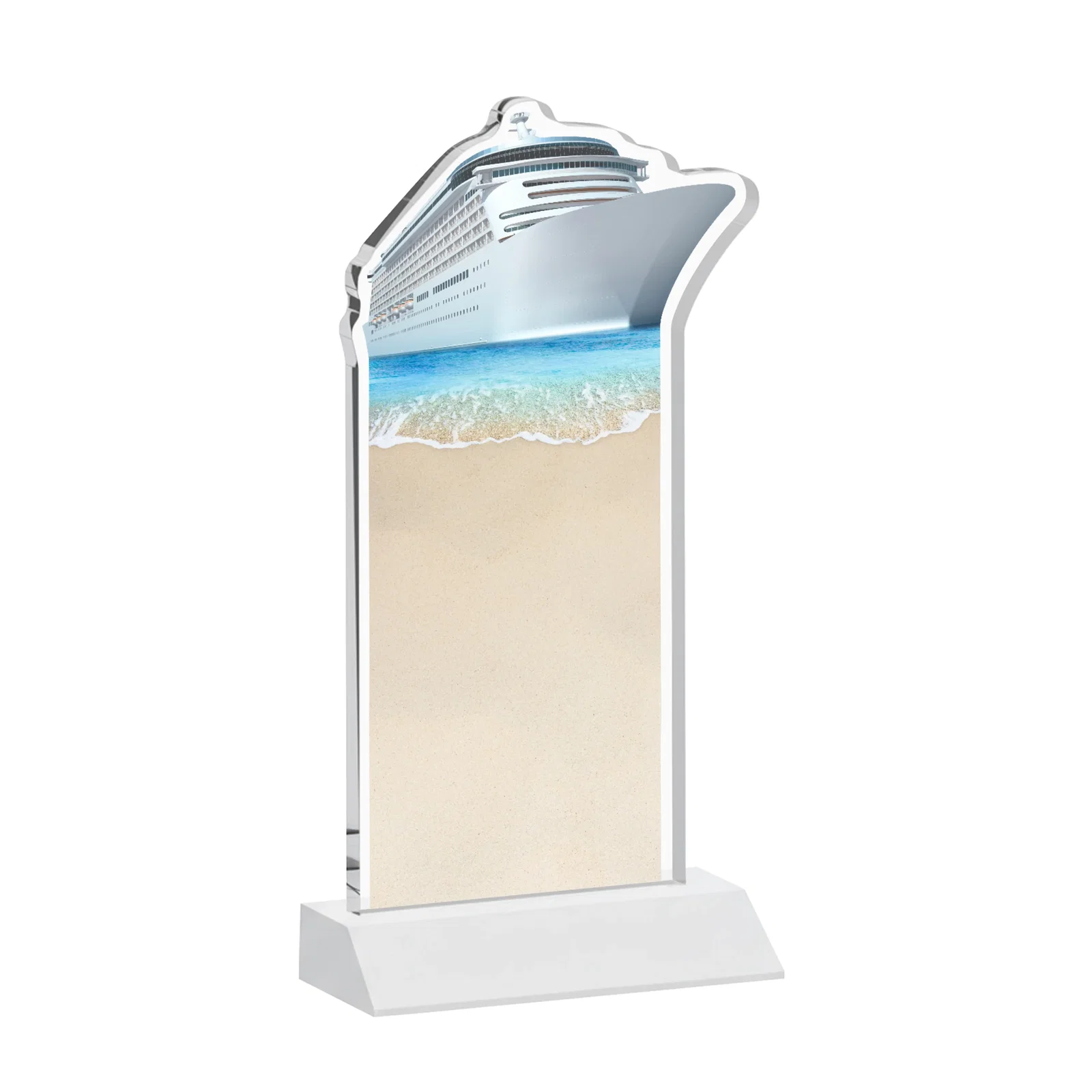 Branded Starfire Crystal Ship Cutout Award on Mitered Base, with your logo for team milestone celebrations