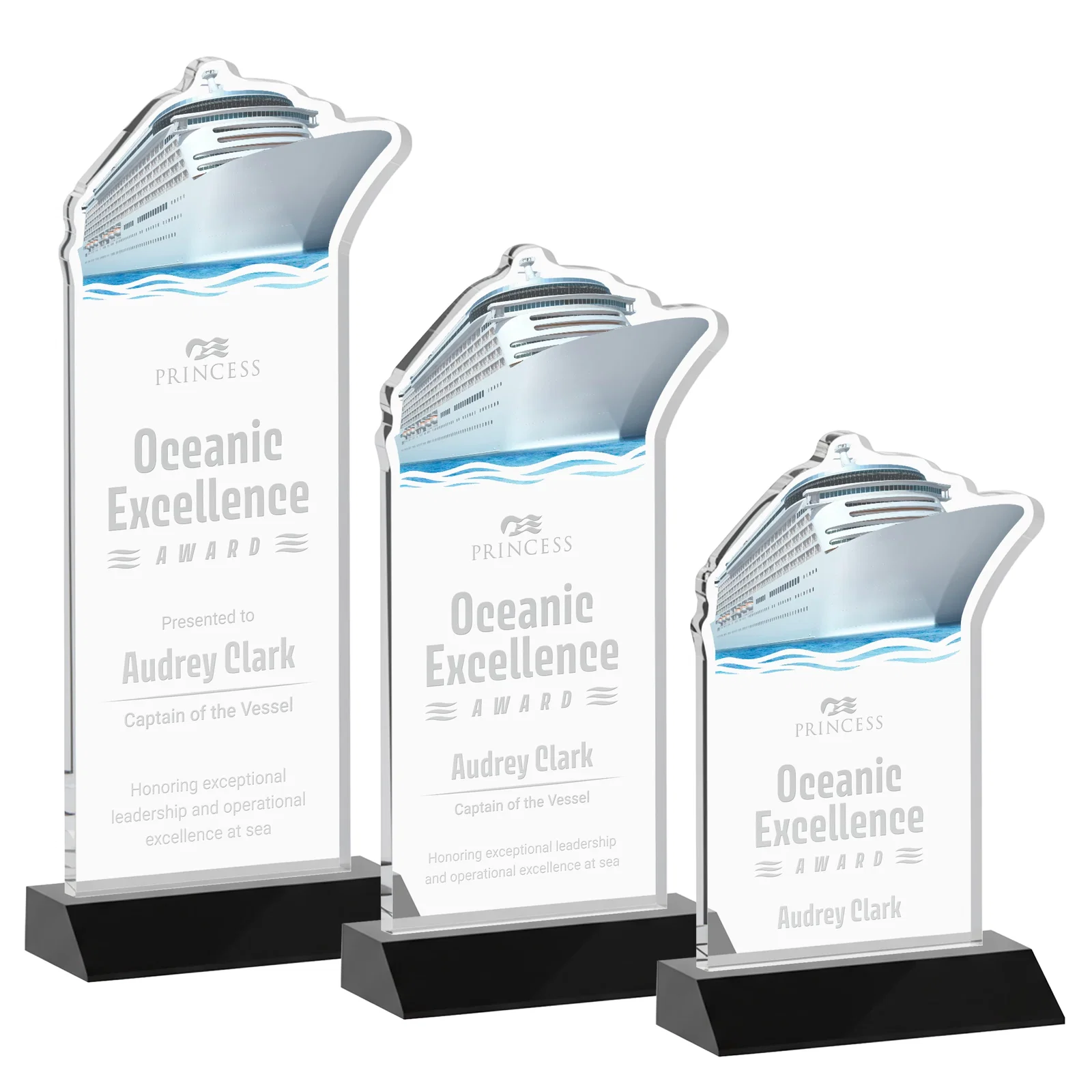 Personalized Starfire Crystal Ship Cutout Award on Mitered Base for corporate award ceremonies