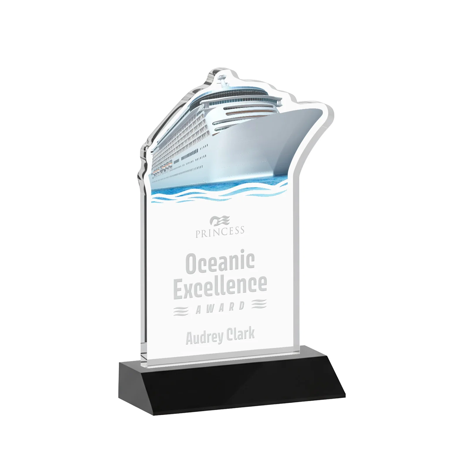 Personalized Starfire Crystal Ship Cutout Award on Mitered Base for service anniversary gifts