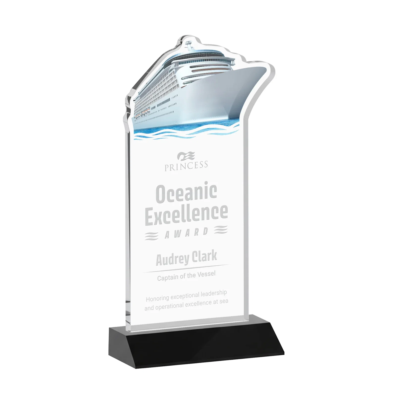 Personalized Starfire Crystal Ship Cutout Award on Mitered Base for sales achievement awards