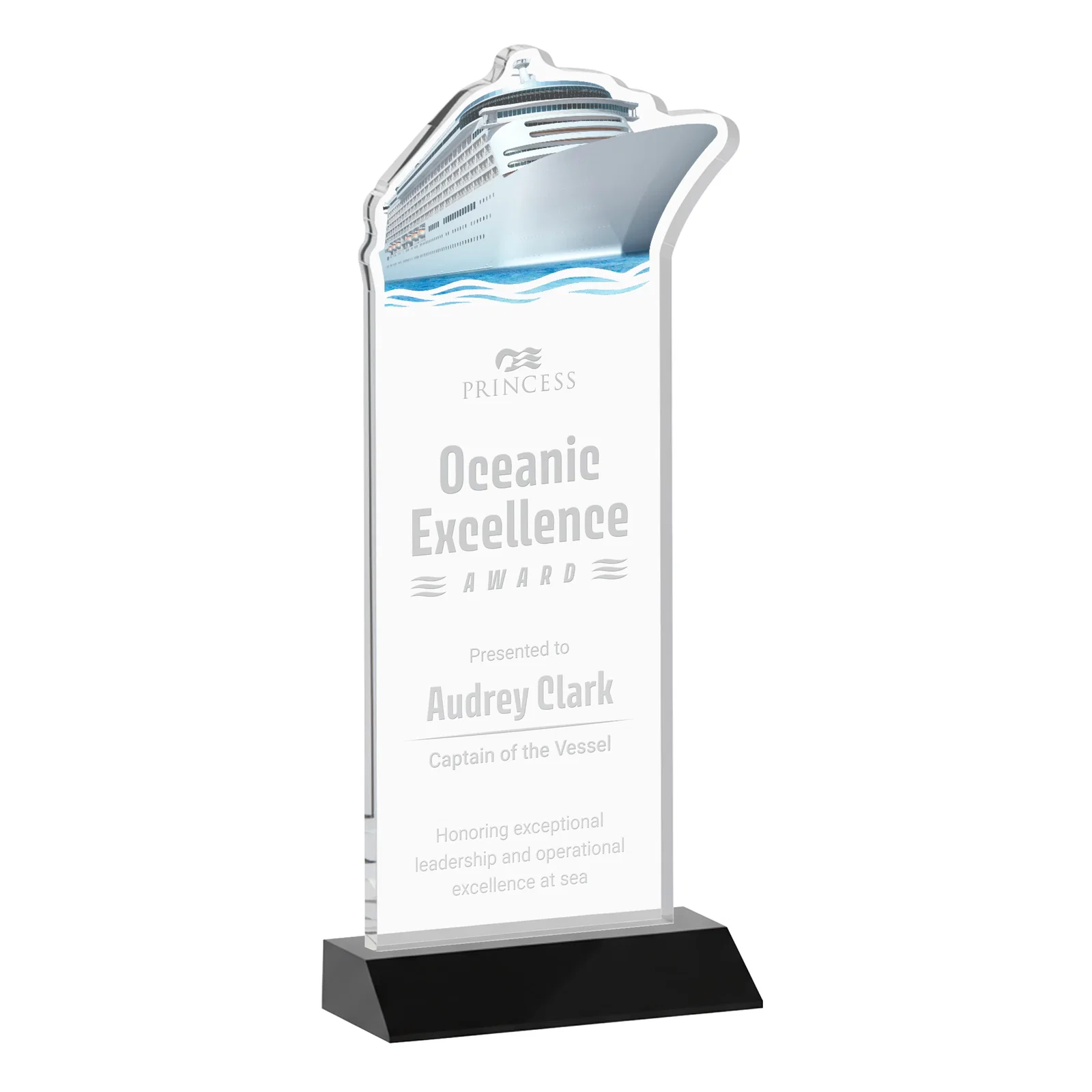 Personalized Starfire Crystal Ship Cutout Award on Mitered Base for retirement presentations