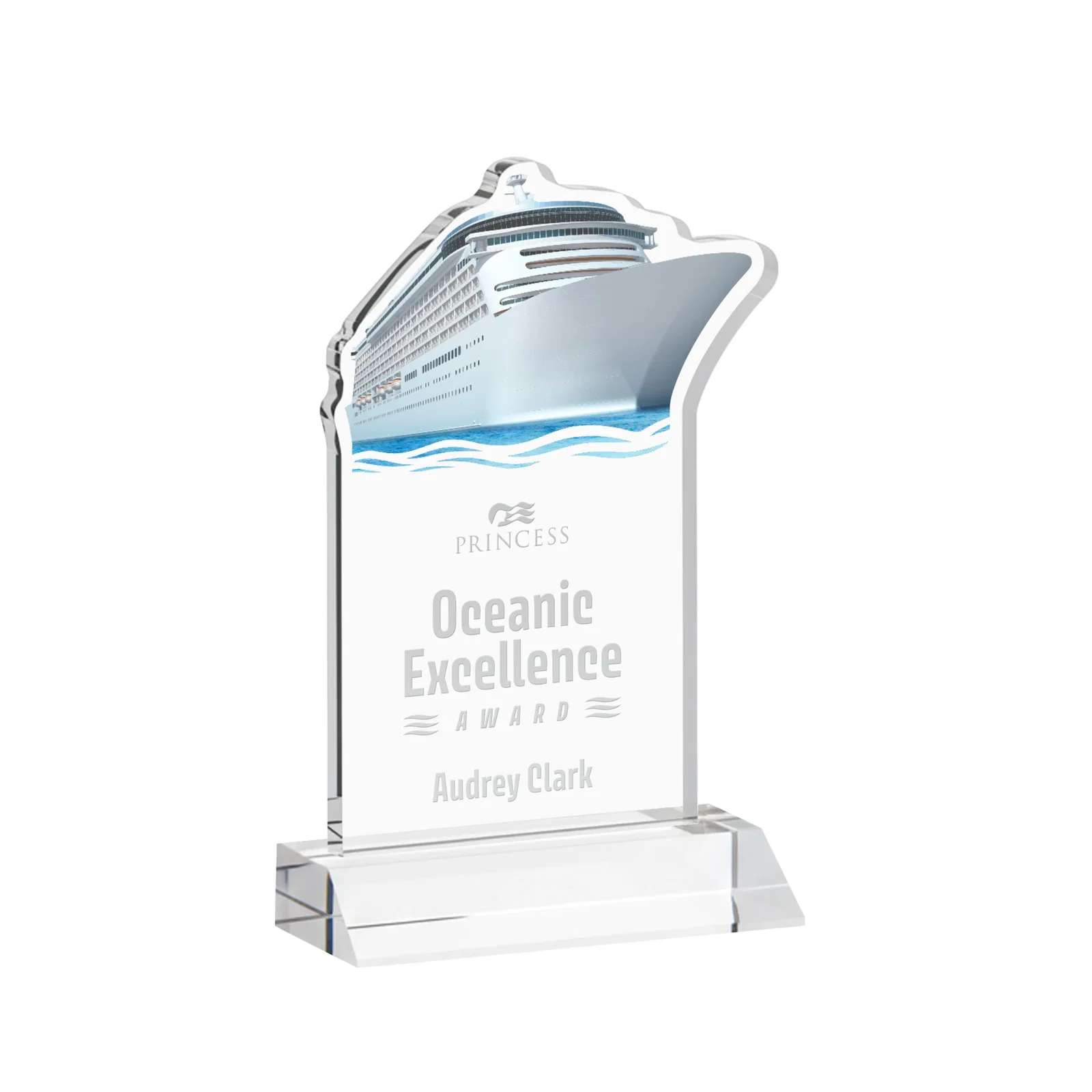 Custom Starfire Crystal Ship Cutout Award on Mitered Base for corporate award ceremonies