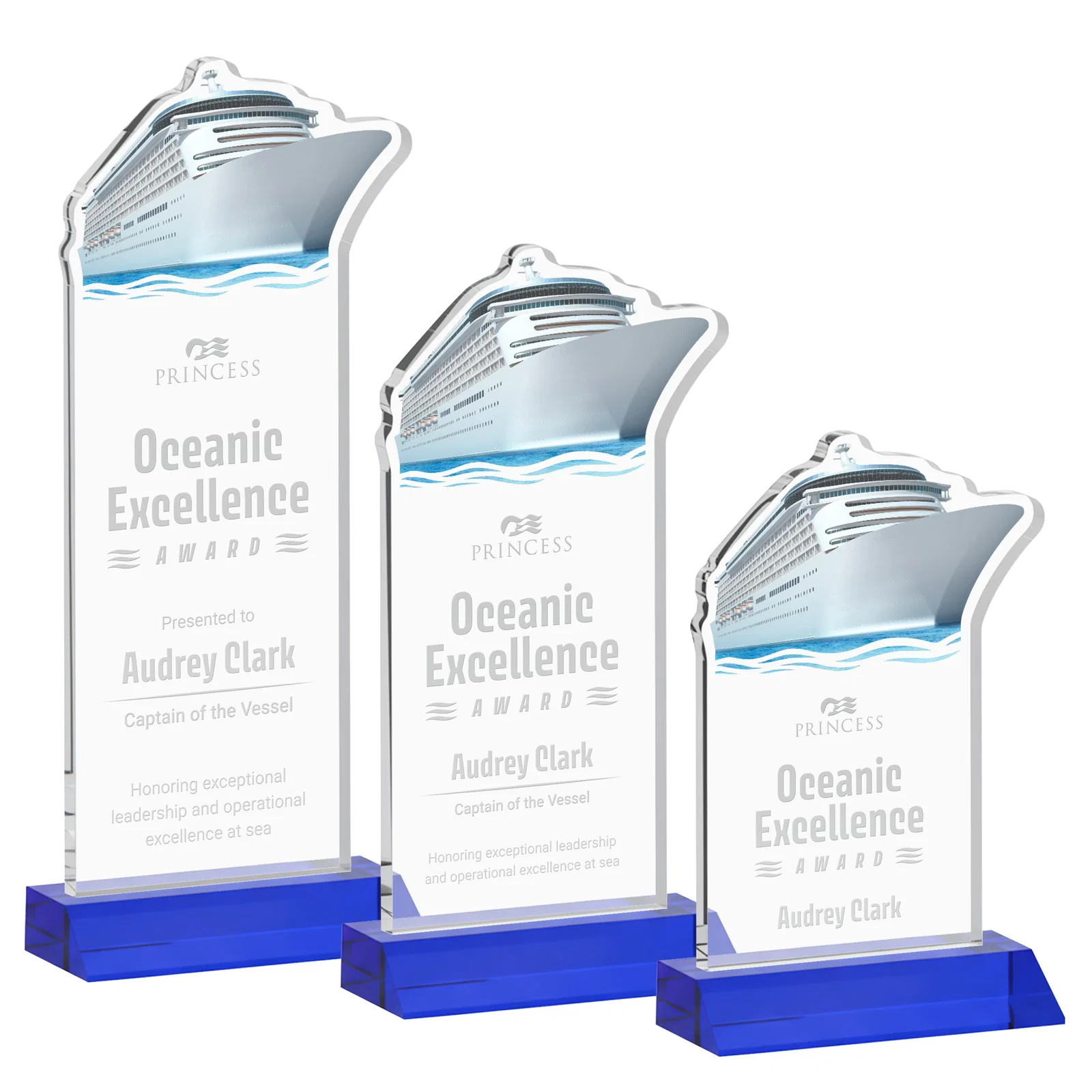 Personalized Starfire Crystal Ship Cutout Award on Mitered Base for team milestone celebrations
