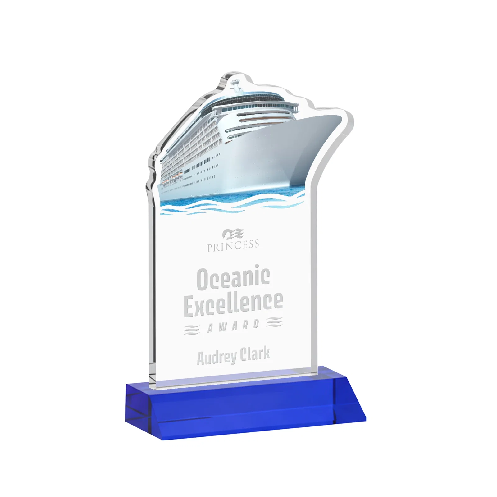 Personalized Starfire Crystal Ship Cutout Award on Mitered Base for donor appreciation