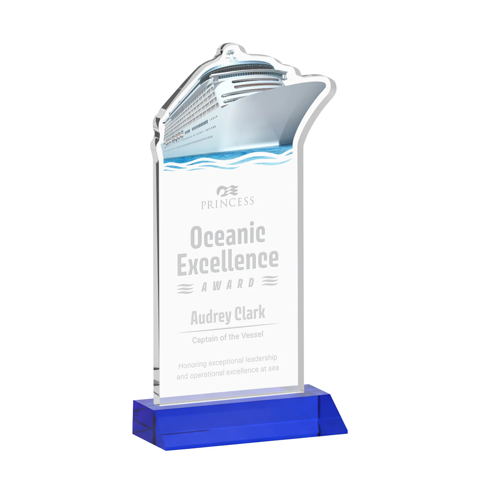 Personalized Starfire Crystal Ship Cutout Award on Mitered Base for graduation ceremonies
