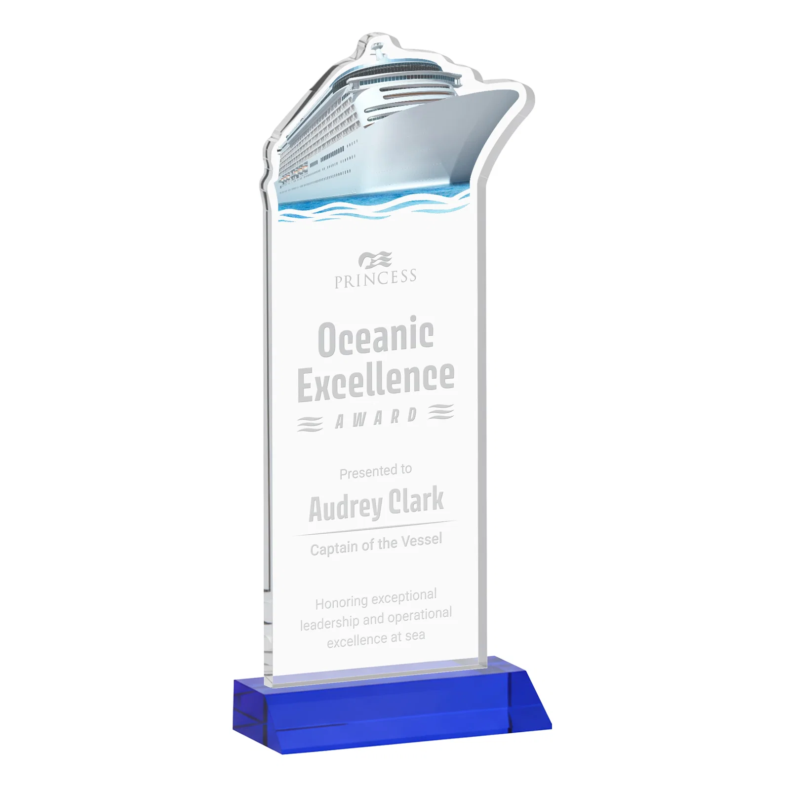Personalized Starfire Crystal Ship Cutout Award on Mitered Base for safety achievement programs