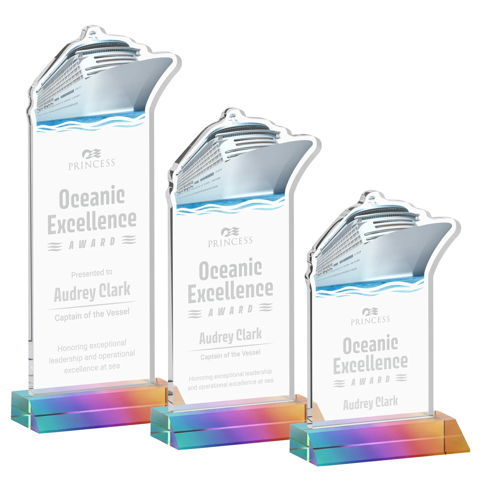 Personalized Starfire Crystal Ship Cutout Award on Mitered Base for volunteer appreciation