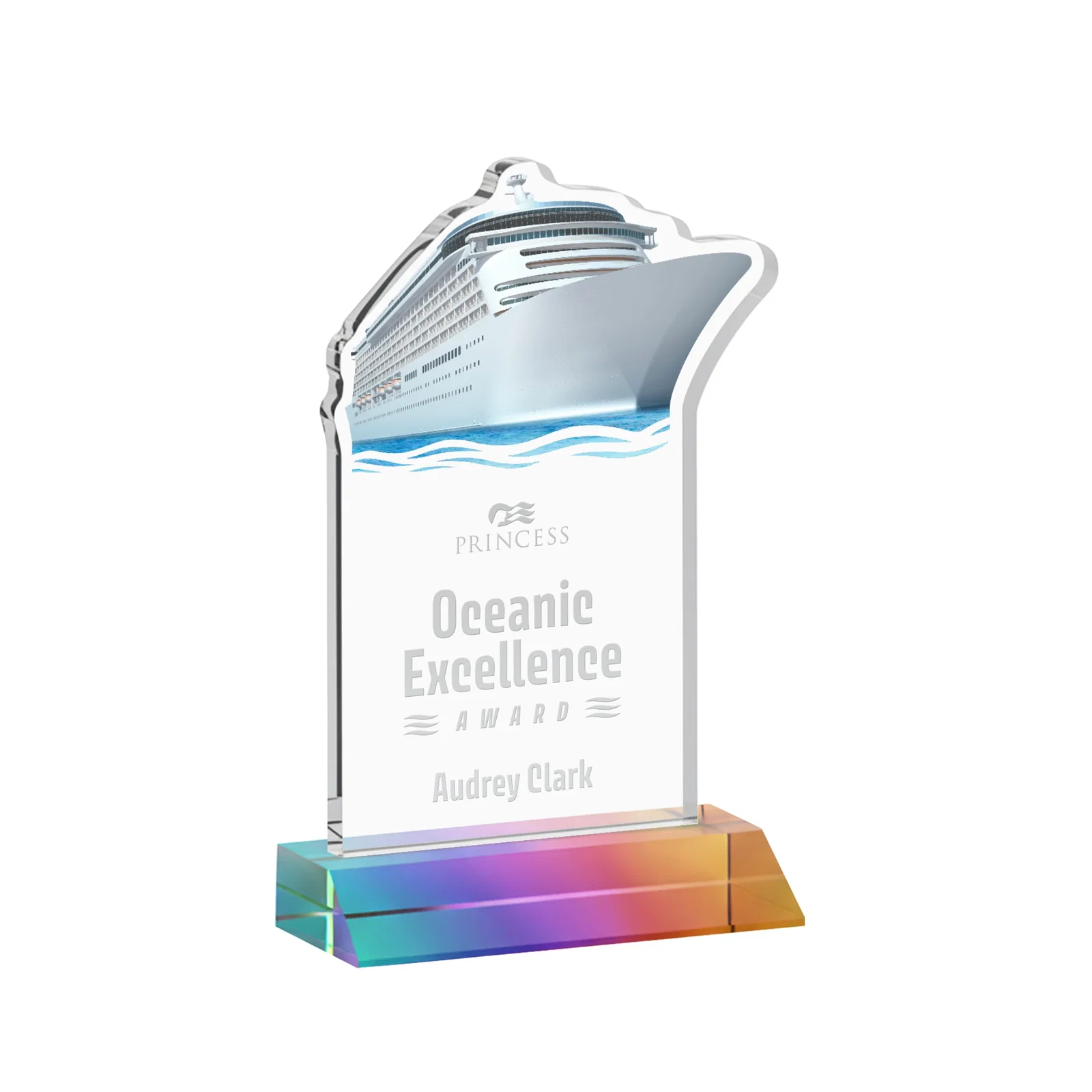 Personalized Starfire Crystal Ship Cutout Award on Mitered Base for dealer and partner awards