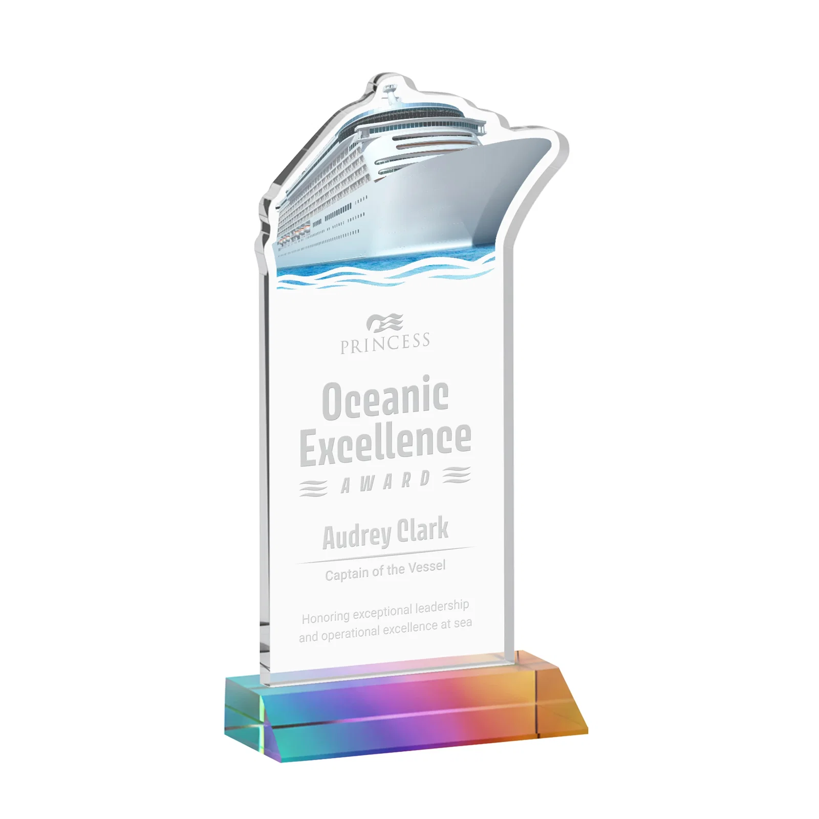 Personalized Starfire Crystal Ship Cutout Award on Mitered Base for company anniversary events