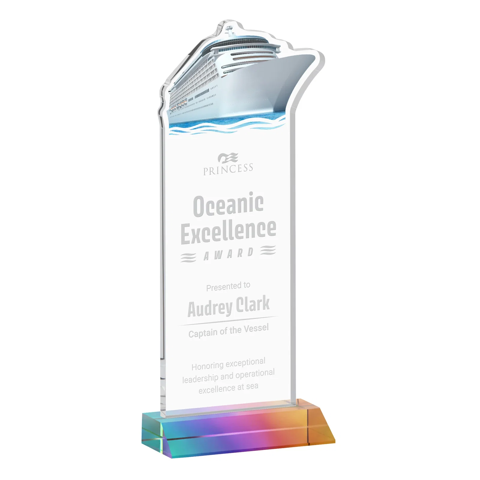 Promotional Starfire Crystal Ship Cutout Award on Mitered Base for employee recognition