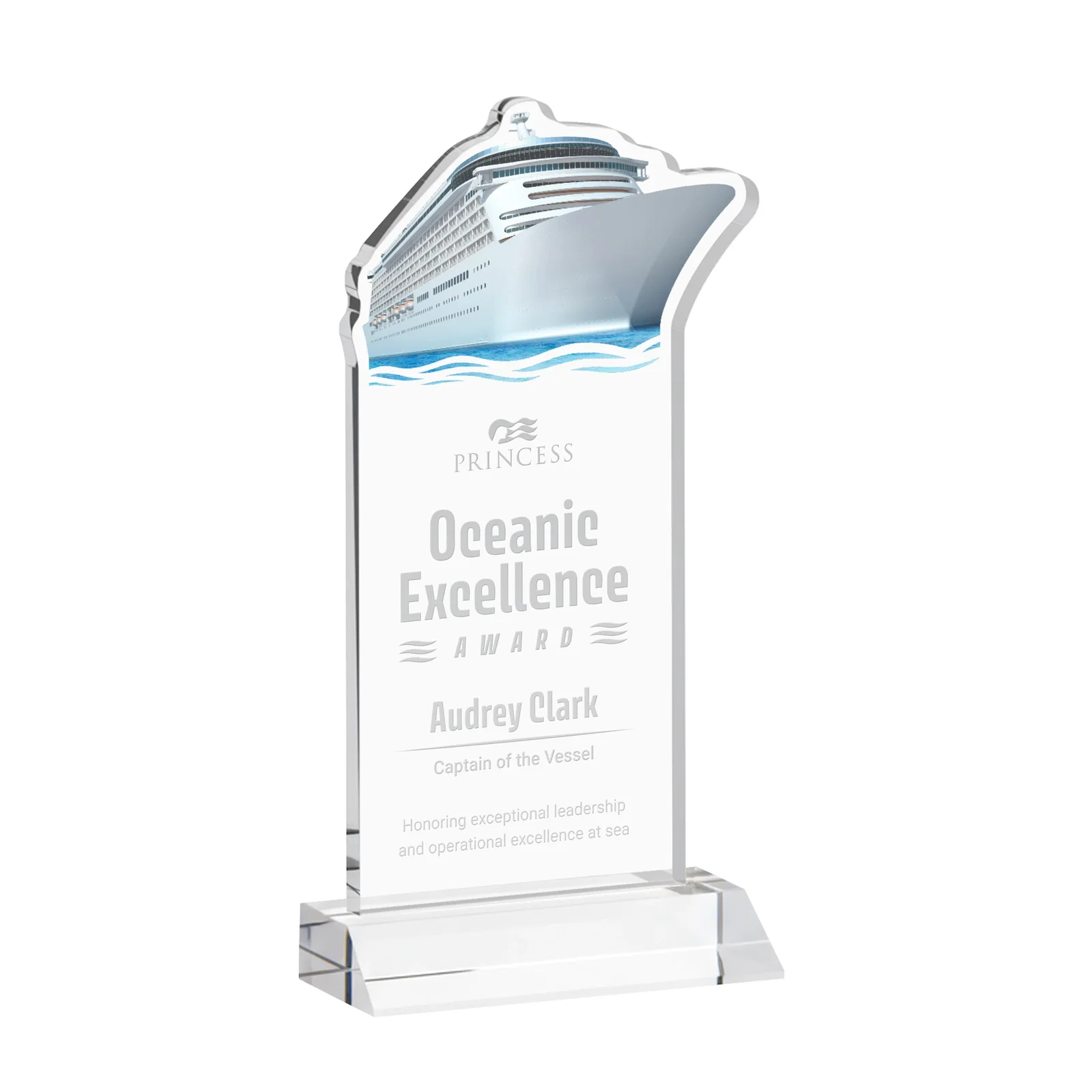 Custom Starfire Crystal Ship Cutout Award on Mitered Base for service anniversary gifts