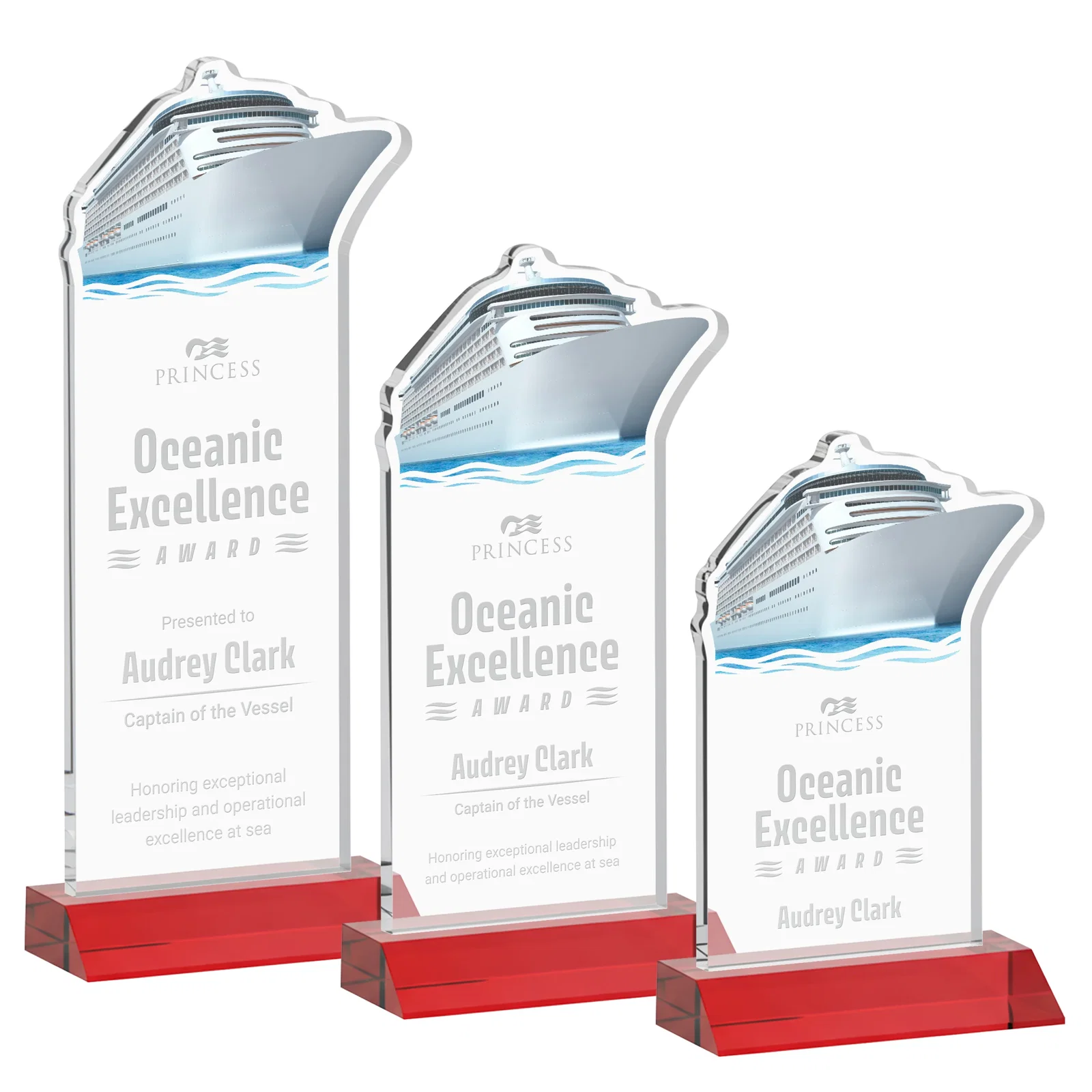Promotional Starfire Crystal Ship Cutout Award on Mitered Base for corporate award ceremonies