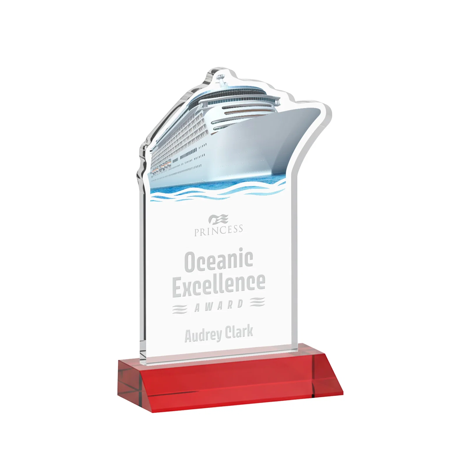 Promotional Starfire Crystal Ship Cutout Award on Mitered Base for service anniversary gifts