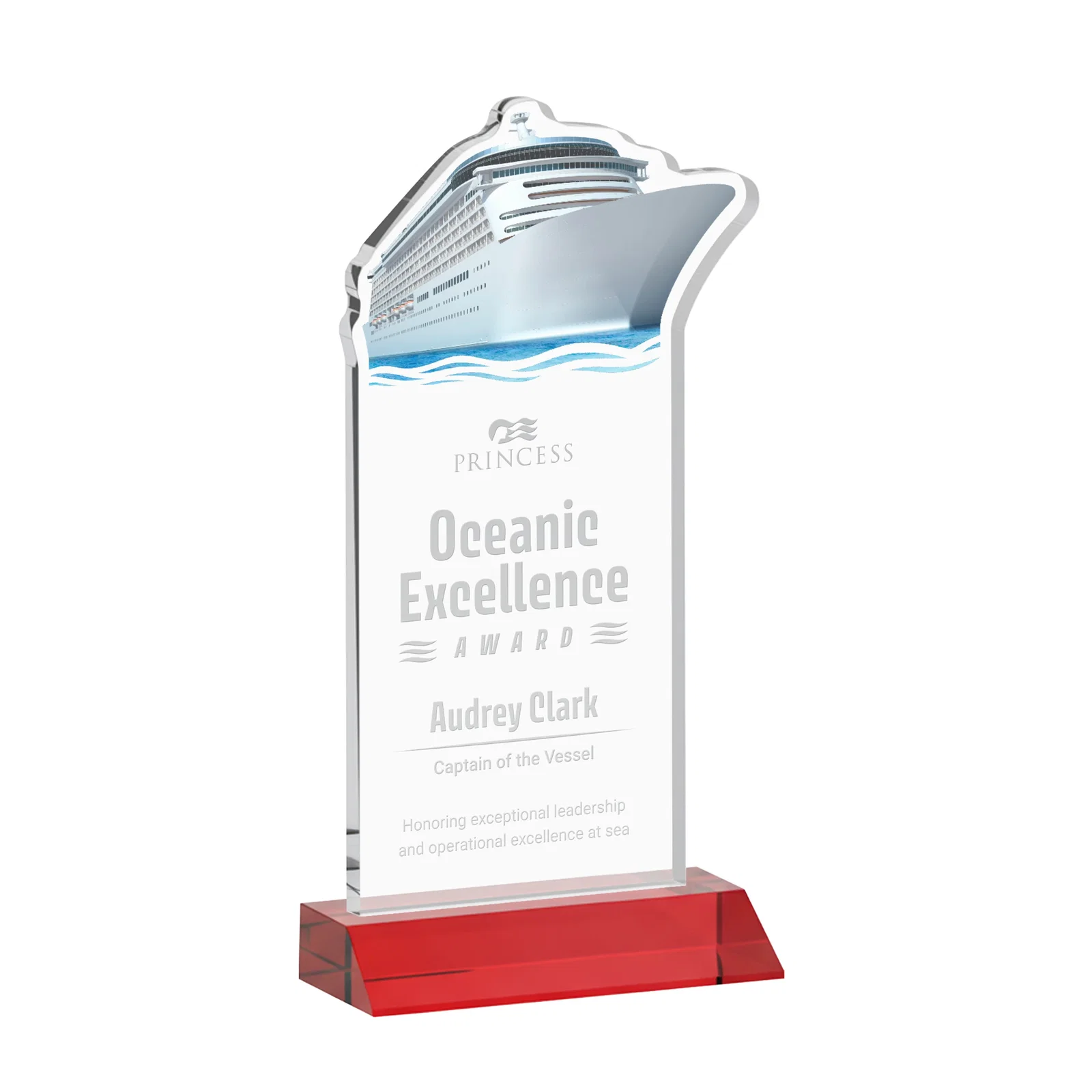 Promotional Starfire Crystal Ship Cutout Award on Mitered Base for sales achievement awards