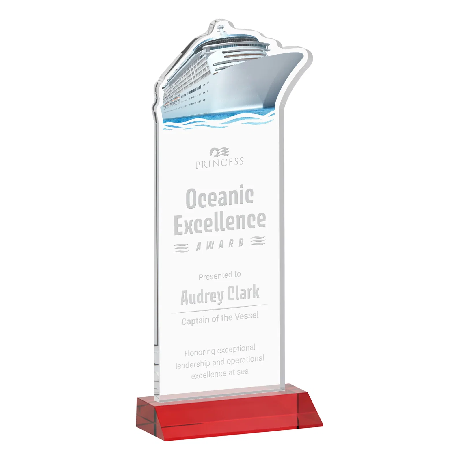 Promotional Starfire Crystal Ship Cutout Award on Mitered Base for retirement presentations
