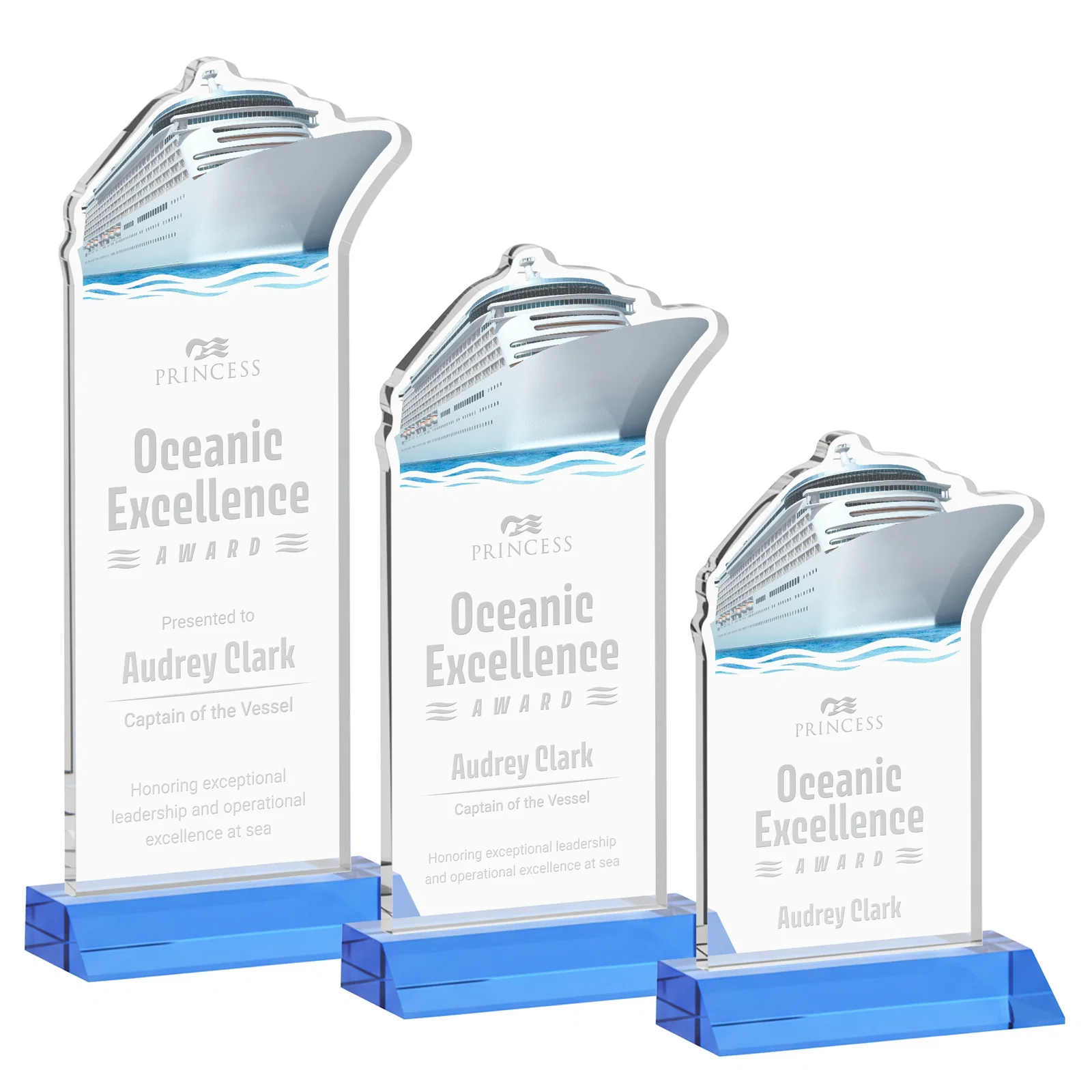 Promotional Starfire Crystal Ship Cutout Award on Mitered Base for team milestone celebrations