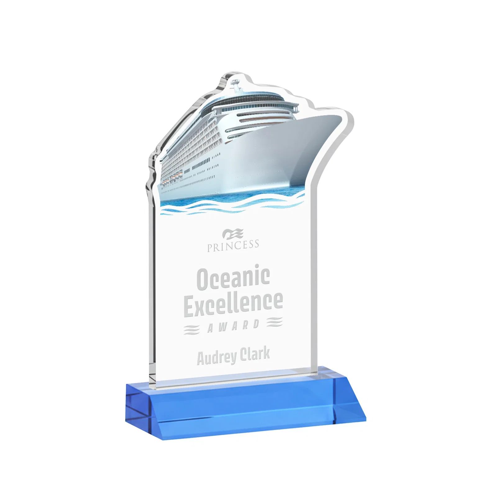 Promotional Starfire Crystal Ship Cutout Award on Mitered Base for donor appreciation
