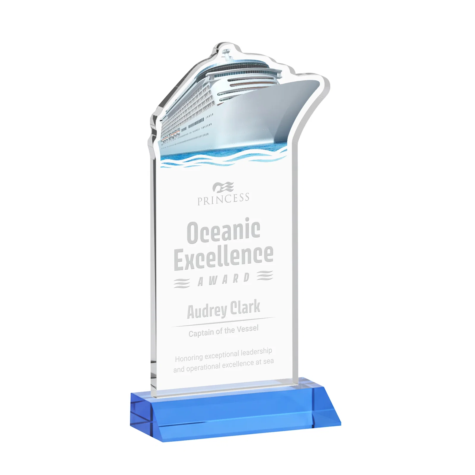 Promotional Starfire Crystal Ship Cutout Award on Mitered Base for graduation ceremonies