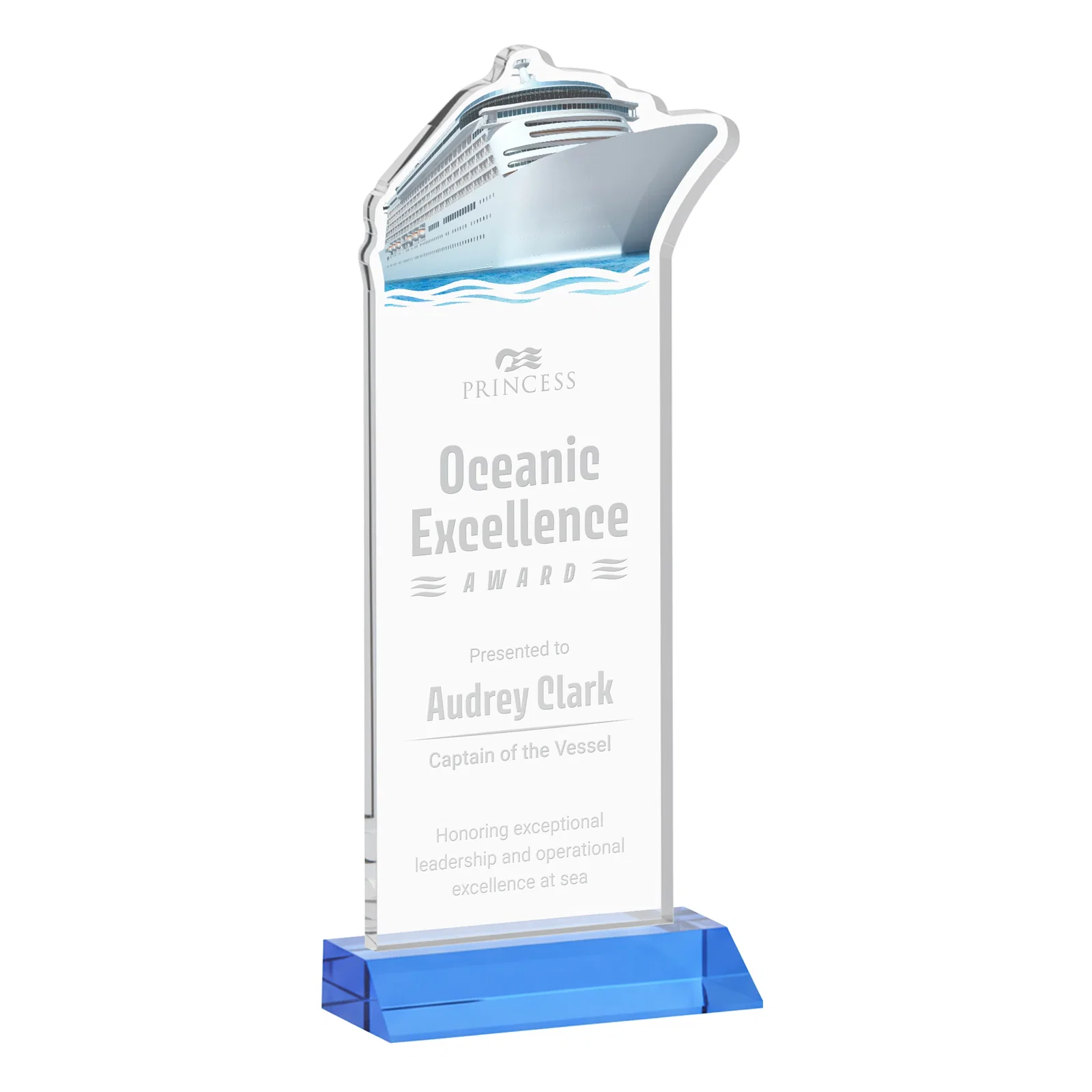 Promotional Starfire Crystal Ship Cutout Award on Mitered Base for safety achievement programs
